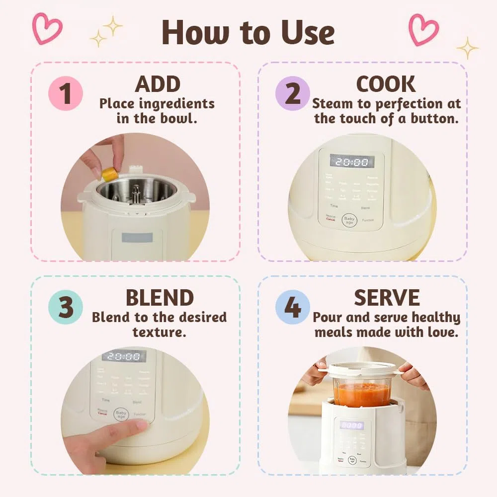 Babynahrungszubereiter, Dampfgarer mit Mixer,Aufwärmen, Automatische Reinigungsfunktion, Edelstahl Babybrei Zubereiter Multifunktion, BPA-frei