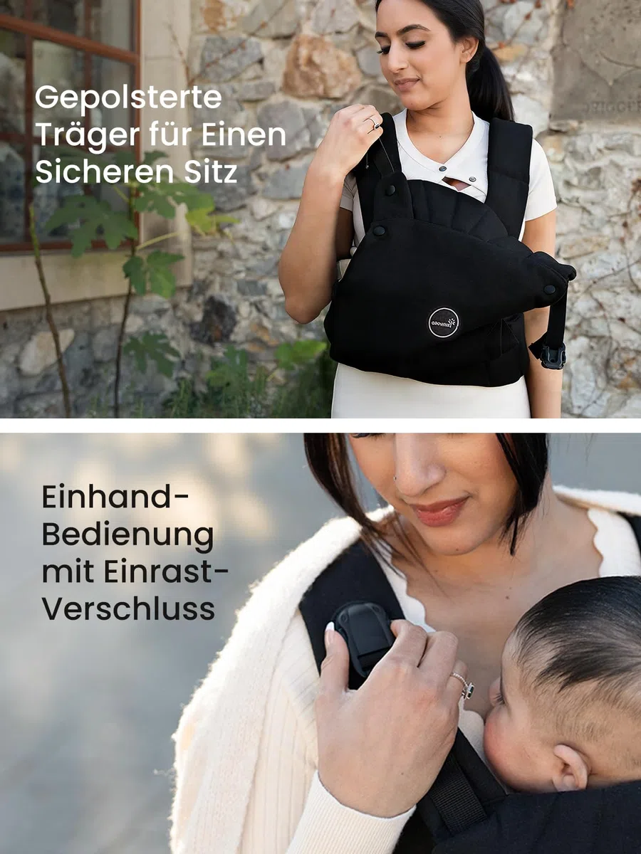 Grownsy Babytrage, Ein-Klick-Schnalle für Einfaches Anlegen, Bequemer Träger von Neugeborenem bis Kleinkind mit Kopfstütze (3-20kg, 3-24Monate), Ergonomisch & Leicht (Schwarz)