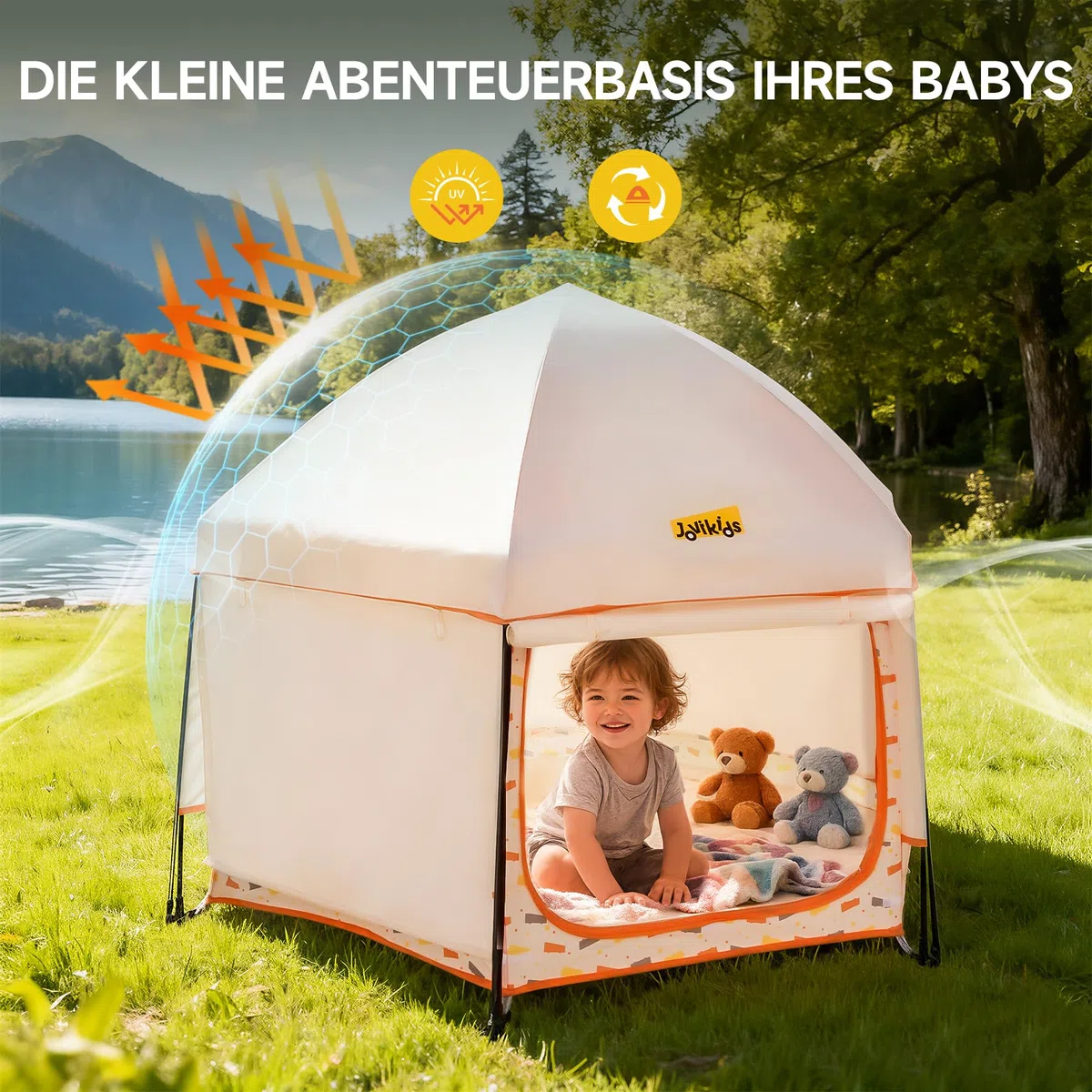Jovikids Faltbarer Laufstall Baby mit Baldachin, Pop-up Zelt Kinder Outdoor, Großer 6 Eckig Playpen mit Tragetasche für Haus, Garten, Strand, 150x150x105cm