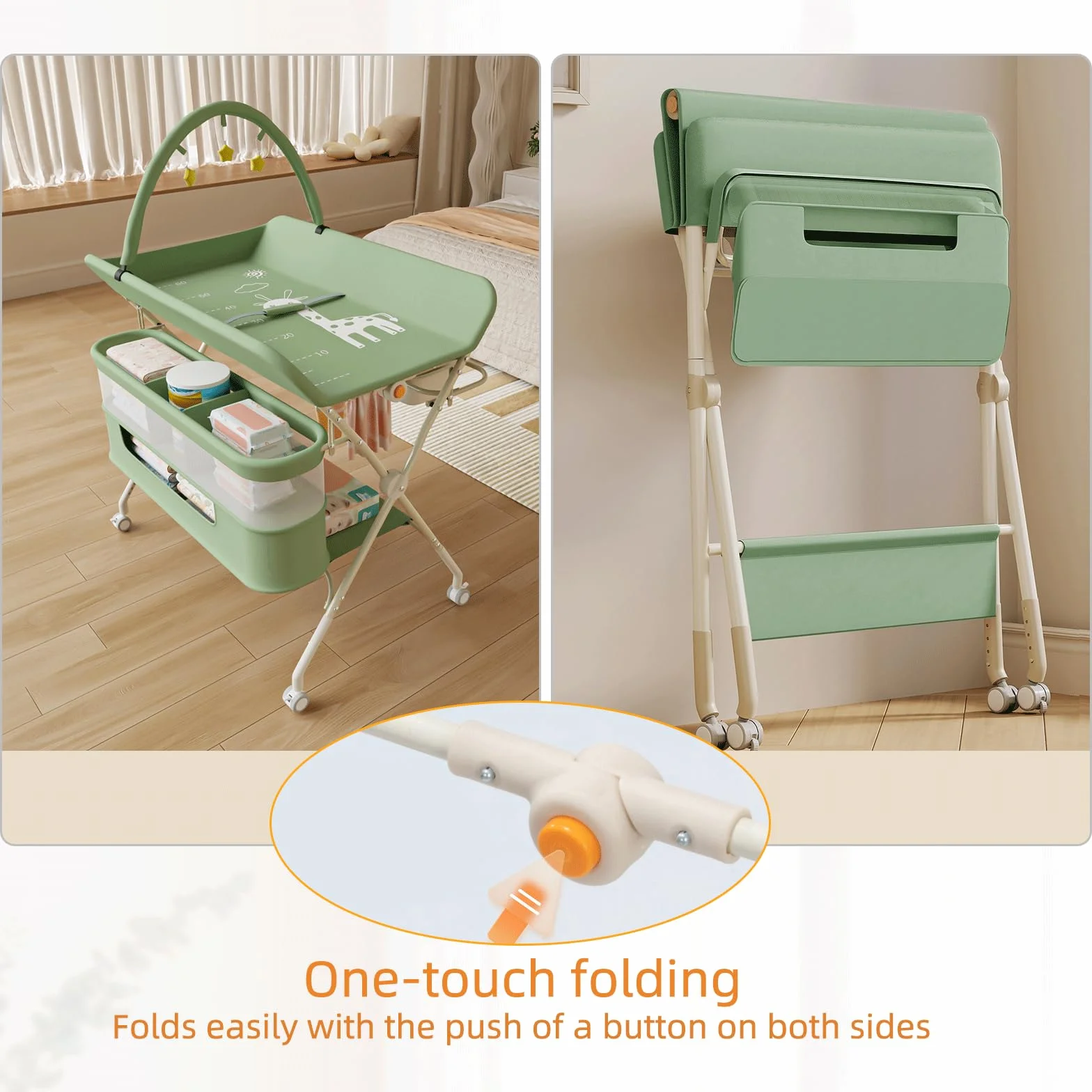 OHMG klappbare Wickelkommode Wickeltisch, Baby Wickelkombi, mit Wickelauflage Sicherheitsgurt und Ablagefächern, platzsparend stabil,mobiler wickeltisch,Baby Changing Table (B-Grün)