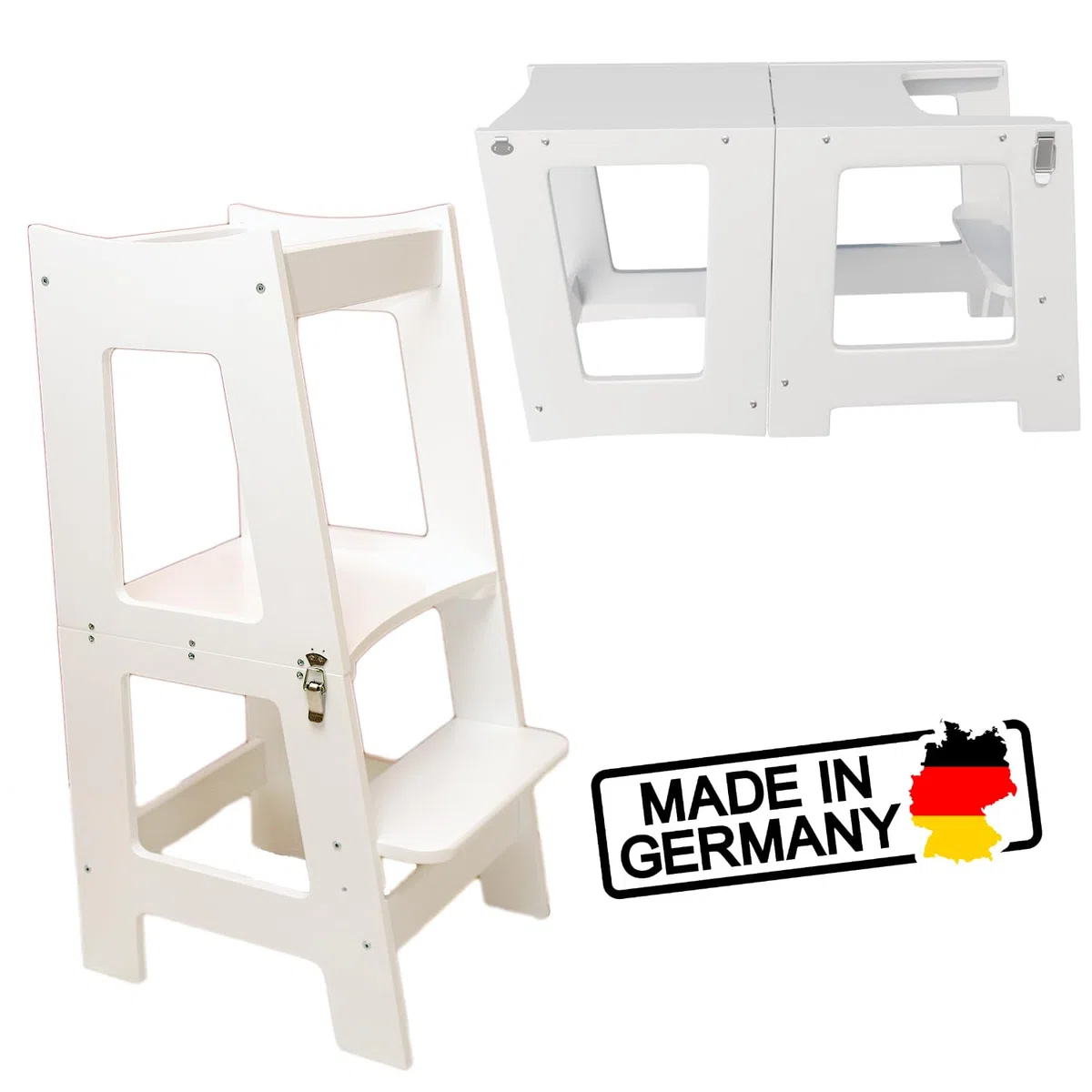 2 in 1 Montessori Lernturm für Kinder klappbar höhenverstellbar Stuhl + Tisch aus Holz Multifunktion Tritthocker Hocker für Jungen & Mädchen Helferturm Lernstuhl Küchenhelfer Weiß Learning Tower