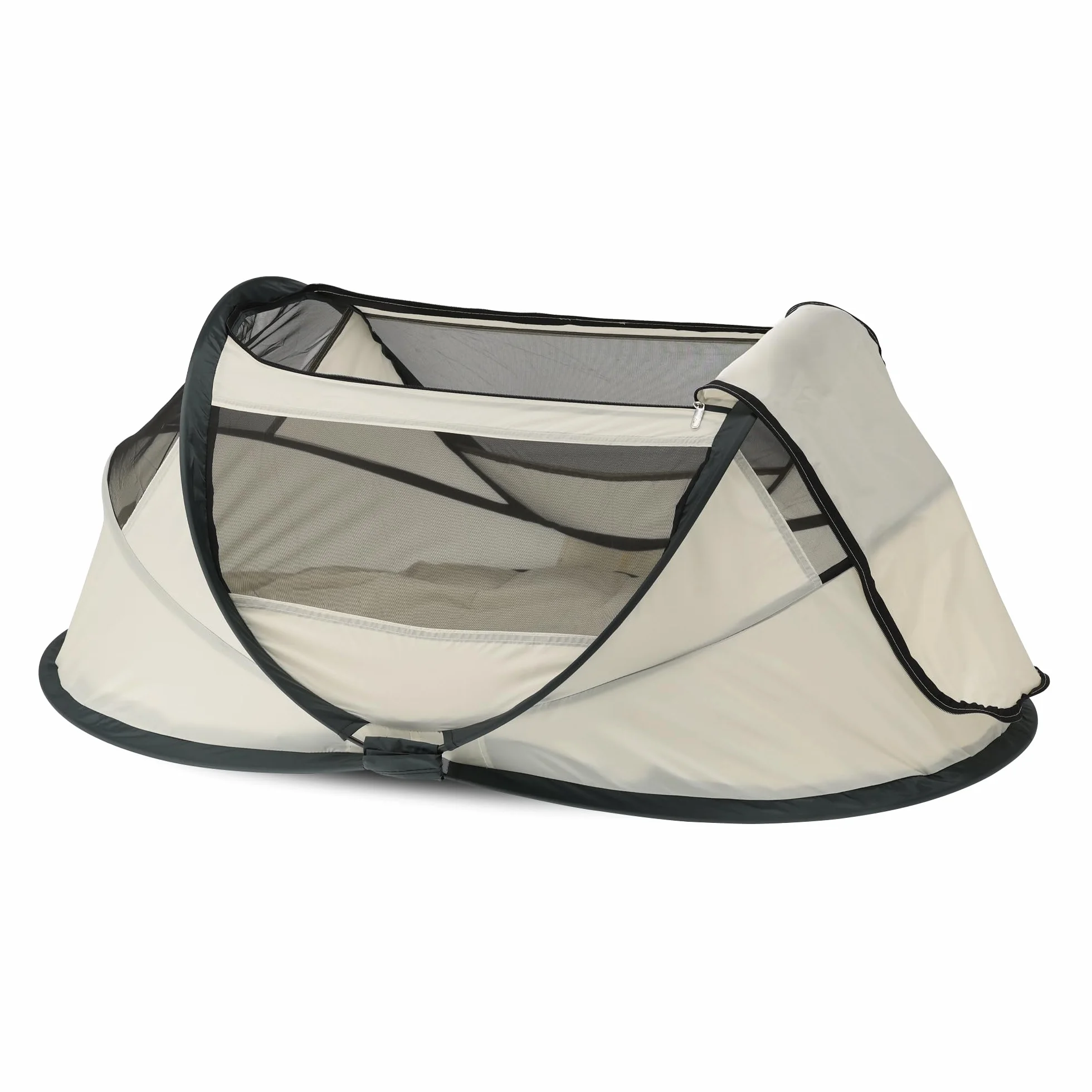 Deryan BabyBox Campingbett - Leicht, Kompakt und Faltbar -Aufgeklappt in nur 2 Sekunden -50% UV-Schutz - flammhemmendes Gewebe - Inklusiv Schlafmatte, Moskitonetz und Tragetasche - Creme
