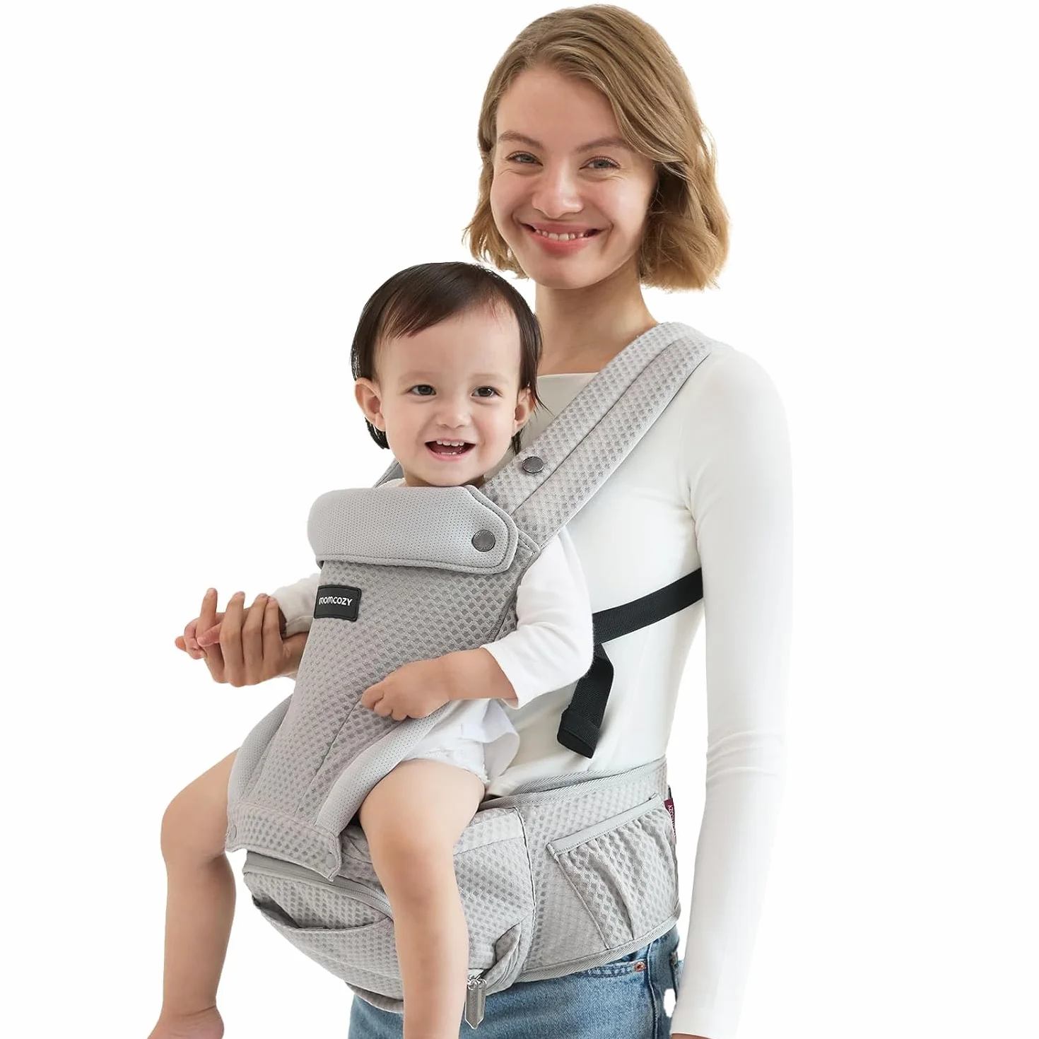 Momcozy Babytrage mit Hüftkissen, 2-in-1 verstellbare Hüfttrage bis 20kg, atmungsaktive Tragehilfe mit Lendenstütze, Grau