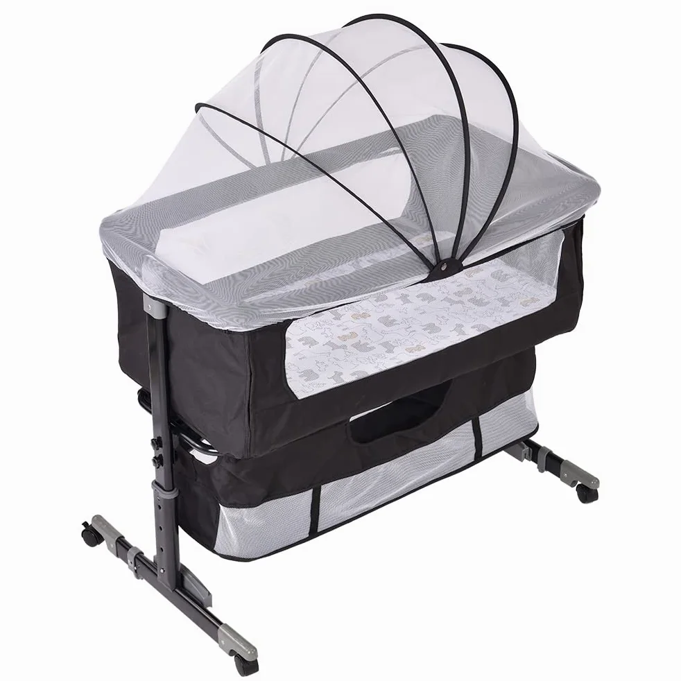 HUOLE Beistellbett Baby mit Aufbewahrungskorb, Einfach Zusammenklappbares Tragbares Kinderbett,Verstellbares Tragbares Bett für Säuglinge/Neugeborene, 92 * 58 * 70-90cm-schwarz