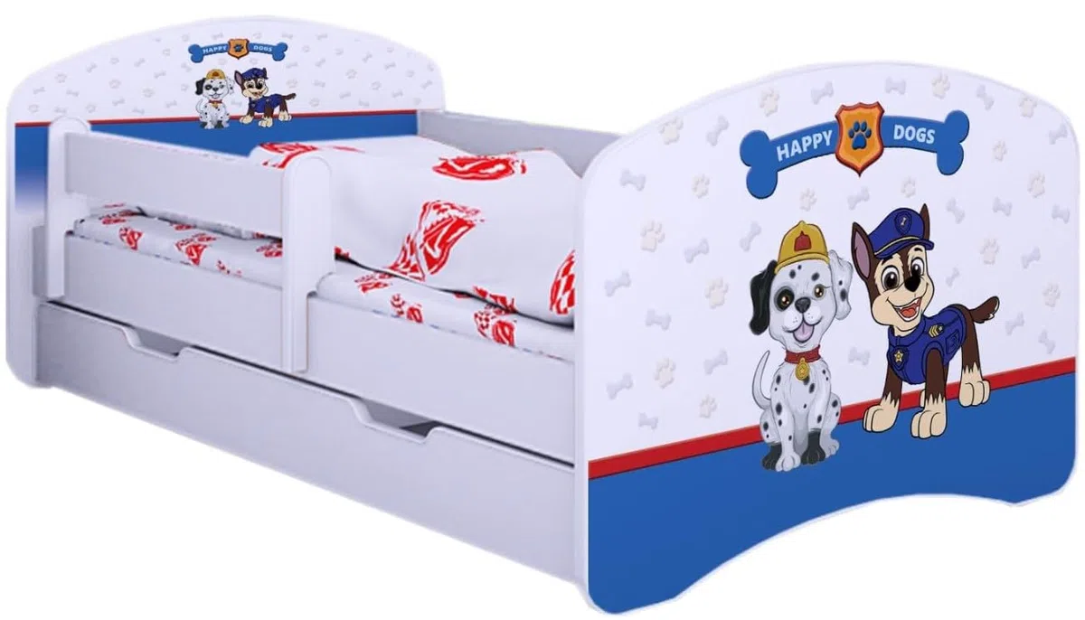 BDW Kinderbett Super Hunde - Babybett mit Matratze und Schublade - Bequem und Langlebig Rausfallschutz Bett - Kinderzimmer - Weiß (180x90)