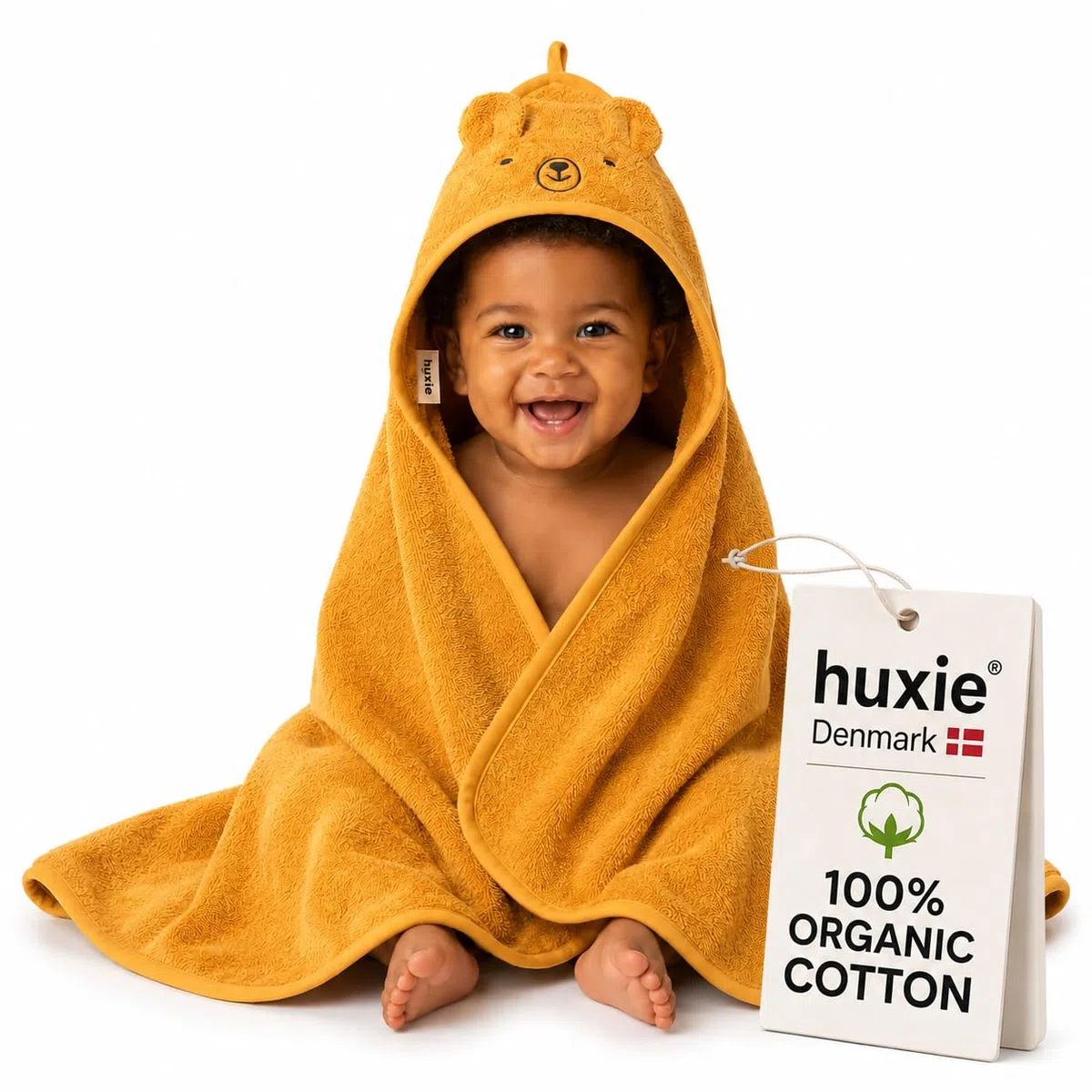 Denmark - Premium Bio-Baumwolle Baby Badetuch - Kapuzenhandtücher für Kleinkinder und Baby Handtücher für Neugeborene Mädchen und Junge - Super weich und saugfähig, 32x32 (Bär - Herbstgelb)