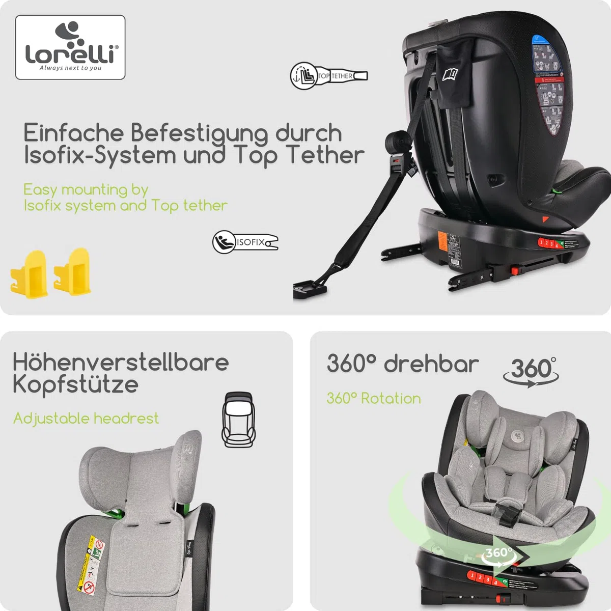 Lorelli Auto Kindersitz Nebula mit Isofix, 360 Grad drehbar, (0-36 kg) Mitwachsender Autositz i-Size 40-150cm - Gruppe 0+/1/2/3, Babysitz ab Geburt, 5-Punkt-Gurt, Einstellbare Kopfstütze, grau