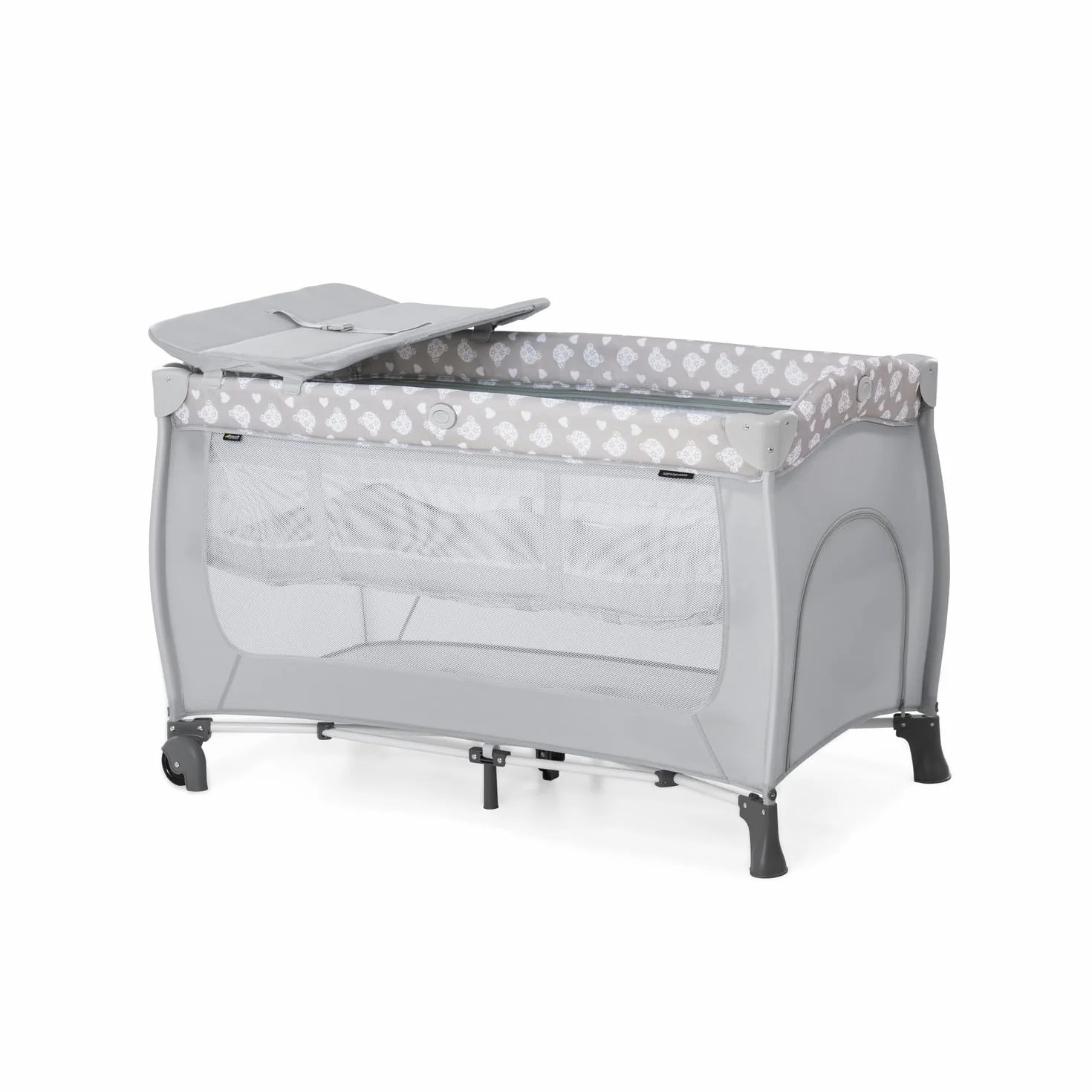 hauck Sleep N Play Center, Teddy Grey - Kinderreisebett Set mit Neugeboreneneinhang, Wickelauflage, Tragetasche, Rollen & Schlupf, Faltbar, Baby Reisebett & Laufstall ab Geburt bis 15 kg max. 3 Jahre