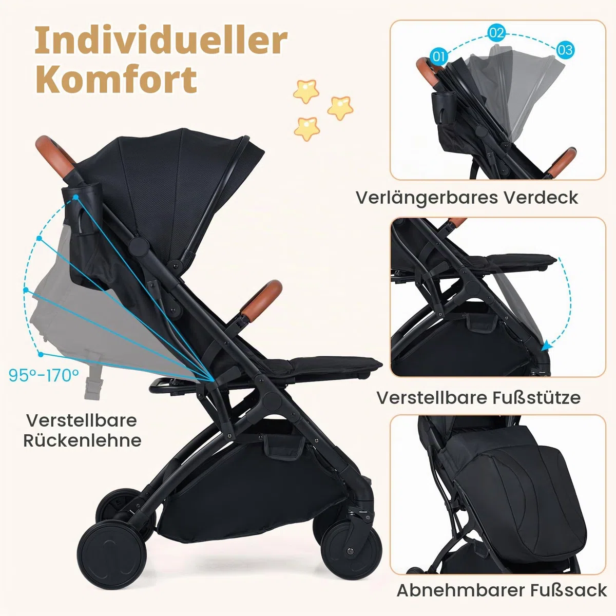 COSTWAY Kinderwagen klappbar mit Regenschutz, Reisebuggy mit verstellbarem Rückenlehne, Fußstütze, Verdeck & Griff, Babywagen mit Liegefunktion, Buggy für Baby bis 3 Jahren, 15 kg belastbar (Schwarz)