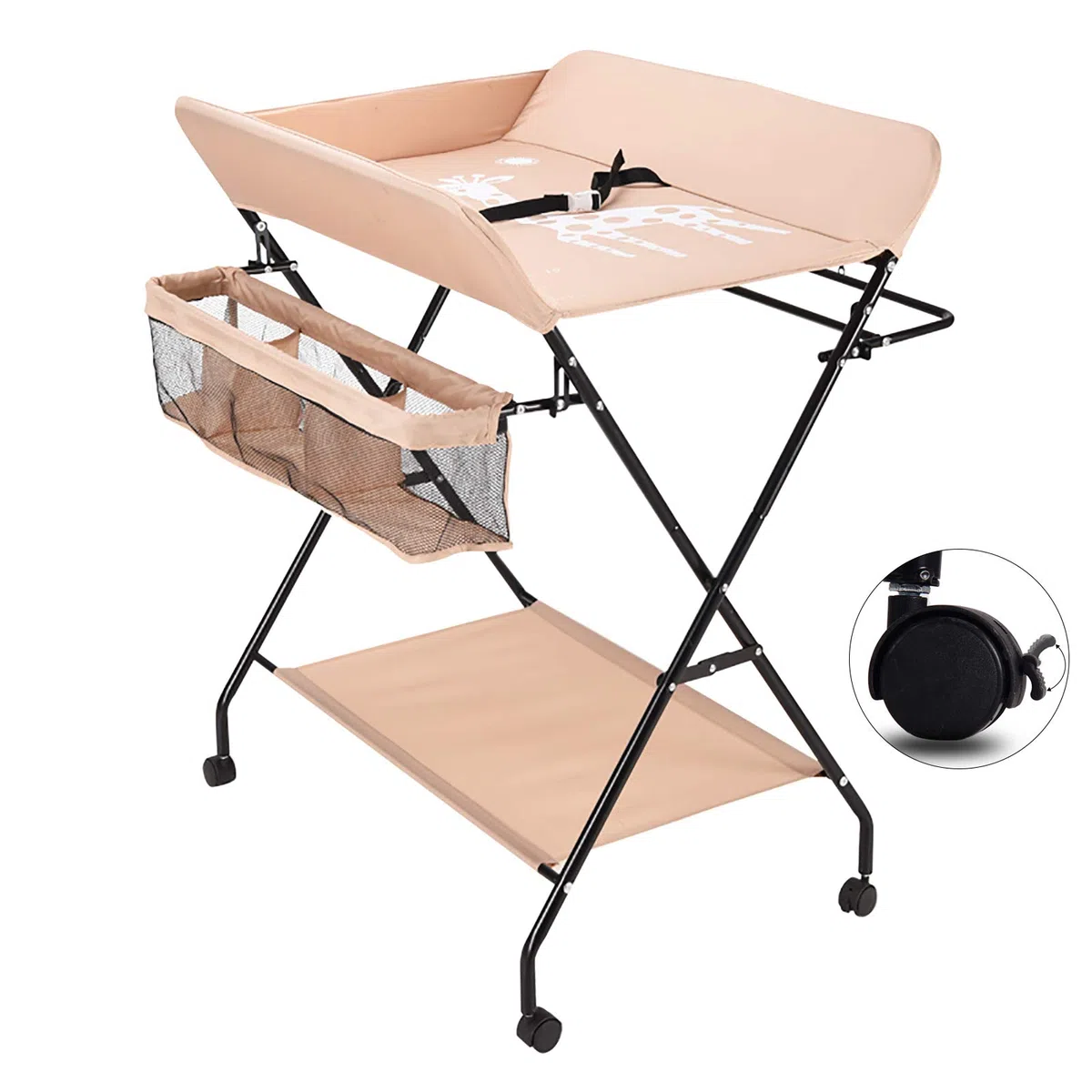 Klappbar Wickelunterlage und Tragbarer, Wickelaufsatz Baby mit Motiv Giraffe, Höhenverstellbar, Wickeltisch mit Rollen, Sicherheitsgurt und Ablagefächern Wickelkommode 80 * 63 * 96cm (Khaki)