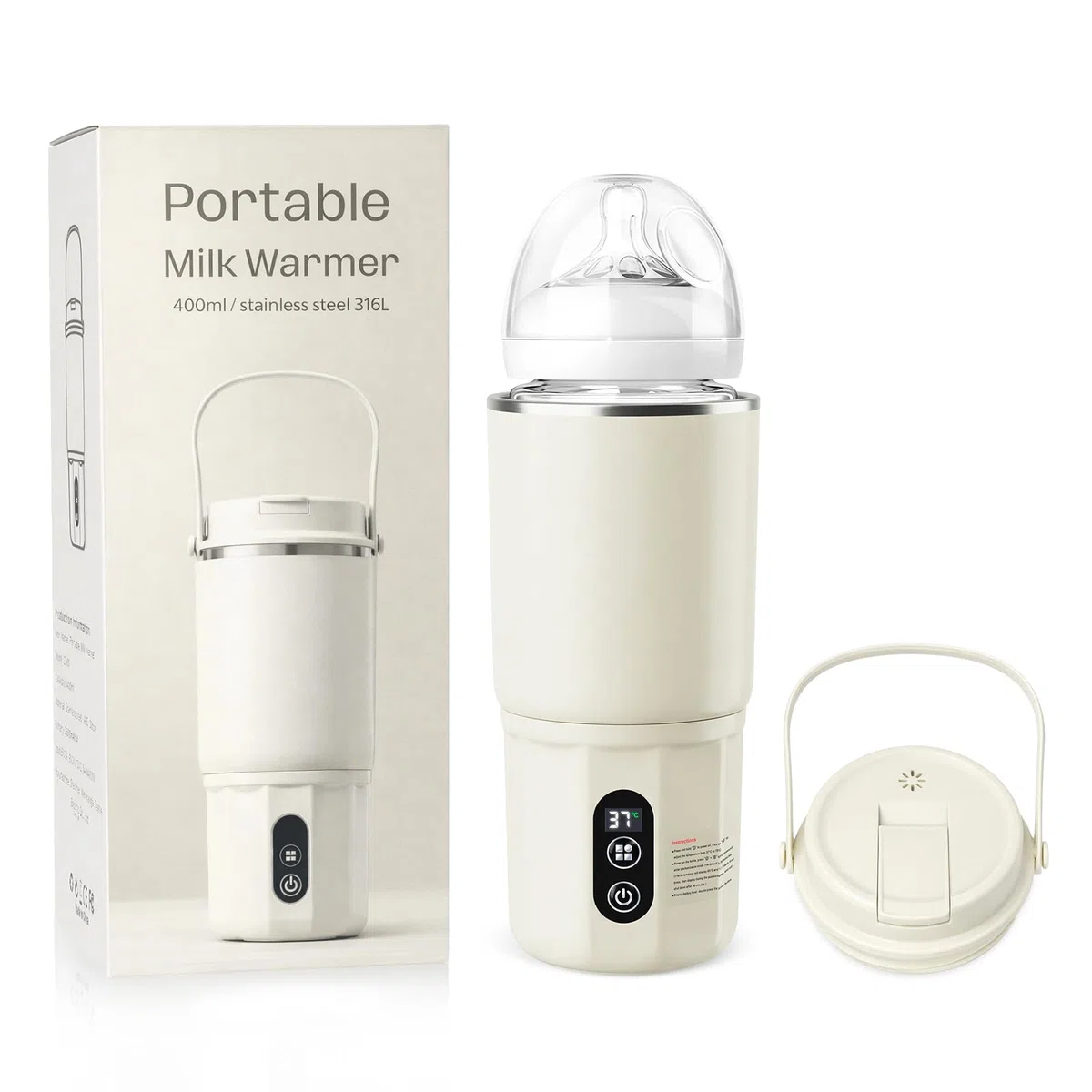 BEE&FLOWER Flaschenwärmer Baby Unterwegs 400ml Tragbarer Babyflaschenwärmer | 2-in1, 316 Edelstahl, 24h Konstante Temperatur, LED Touchscreen, 10400mAh Akku, BPA-frei, Ideal für Reisen