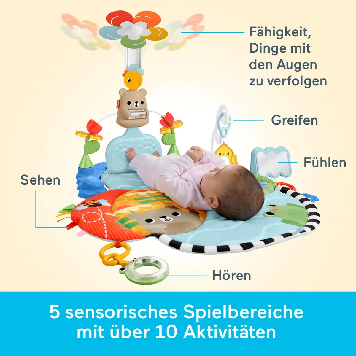Fisher-Price Spieldecke für Babys 3-in-1 Kick & Sway sensorisches Aktivitätsspielzeug für die spielerische Entwicklung von Neugeborenen ab 0 Monaten, JMT98