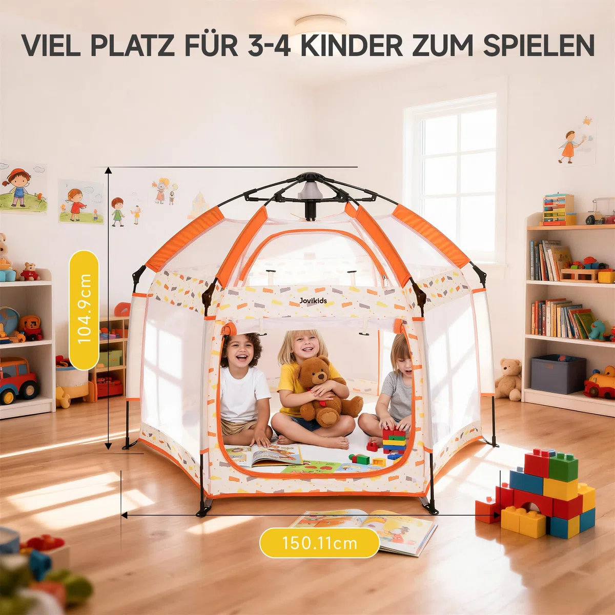 Jovikids Faltbarer Laufstall Baby mit Baldachin, Pop-up Zelt Kinder Outdoor, Großer 6 Eckig Playpen mit Tragetasche für Haus, Garten, Strand, 150x150x105cm