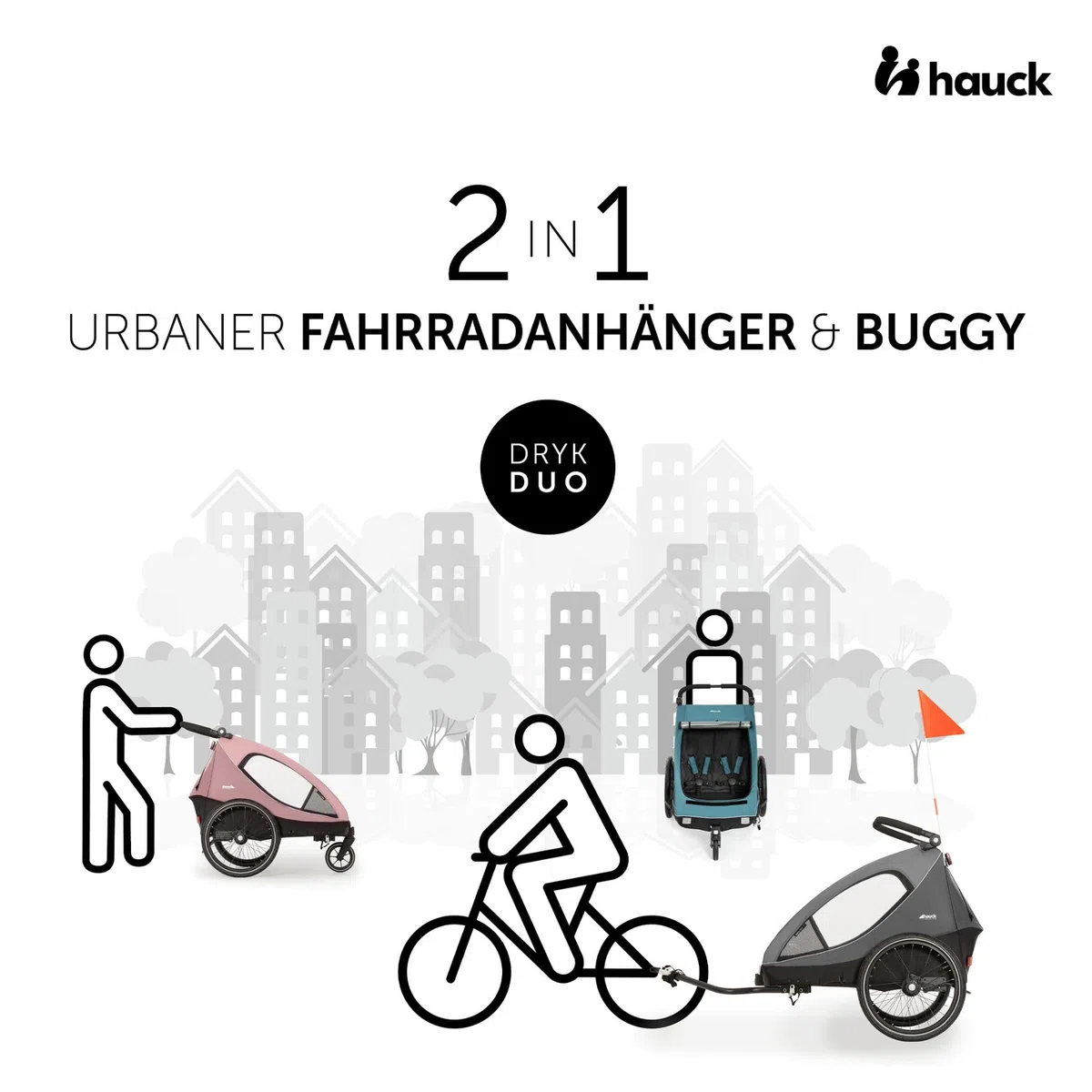 hauck 2in1 Fahrradanhänger Dryk Duo Set inkl. Baby Lounger | Zwillingsanhänger und Kinderwagen für 2 Kinder | faltbar & gefedert, XL Luftreifen