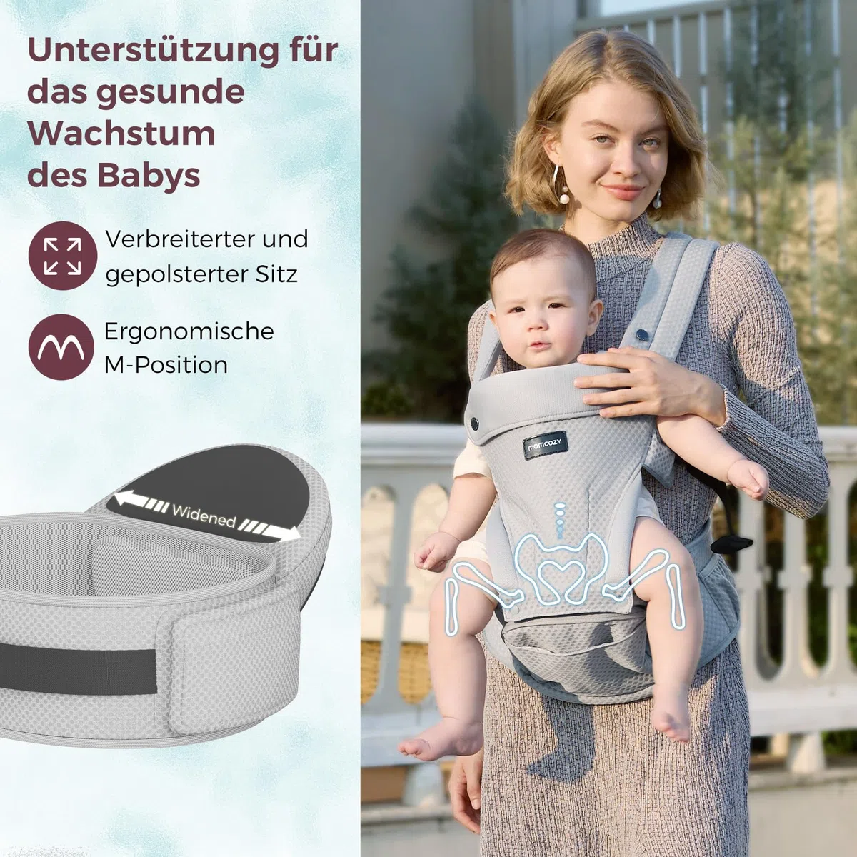 Momcozy Babytrage mit Hüftkissen, 2-in-1 verstellbare Hüfttrage bis 20kg, atmungsaktive Tragehilfe mit Lendenstütze, Grau