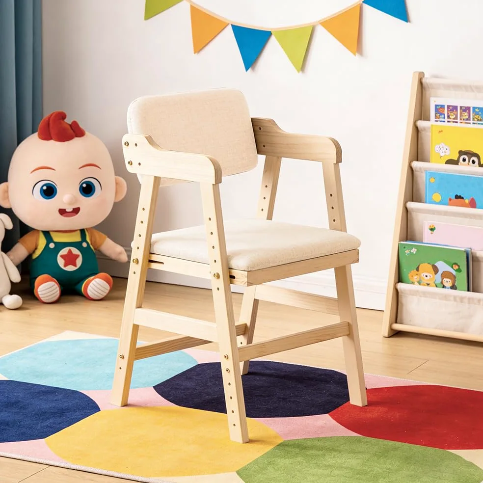 Hochstuhl aus Holz, aus hochwertigem Buchenholz, Stabil & Sicher bis 91 kg,Lehrstuhl, höhenverstellbarer Holzhochstuhl für kinder von 2 bis 12 Jahren (48 x 46 x 78 cm – Beige (1 Stück))