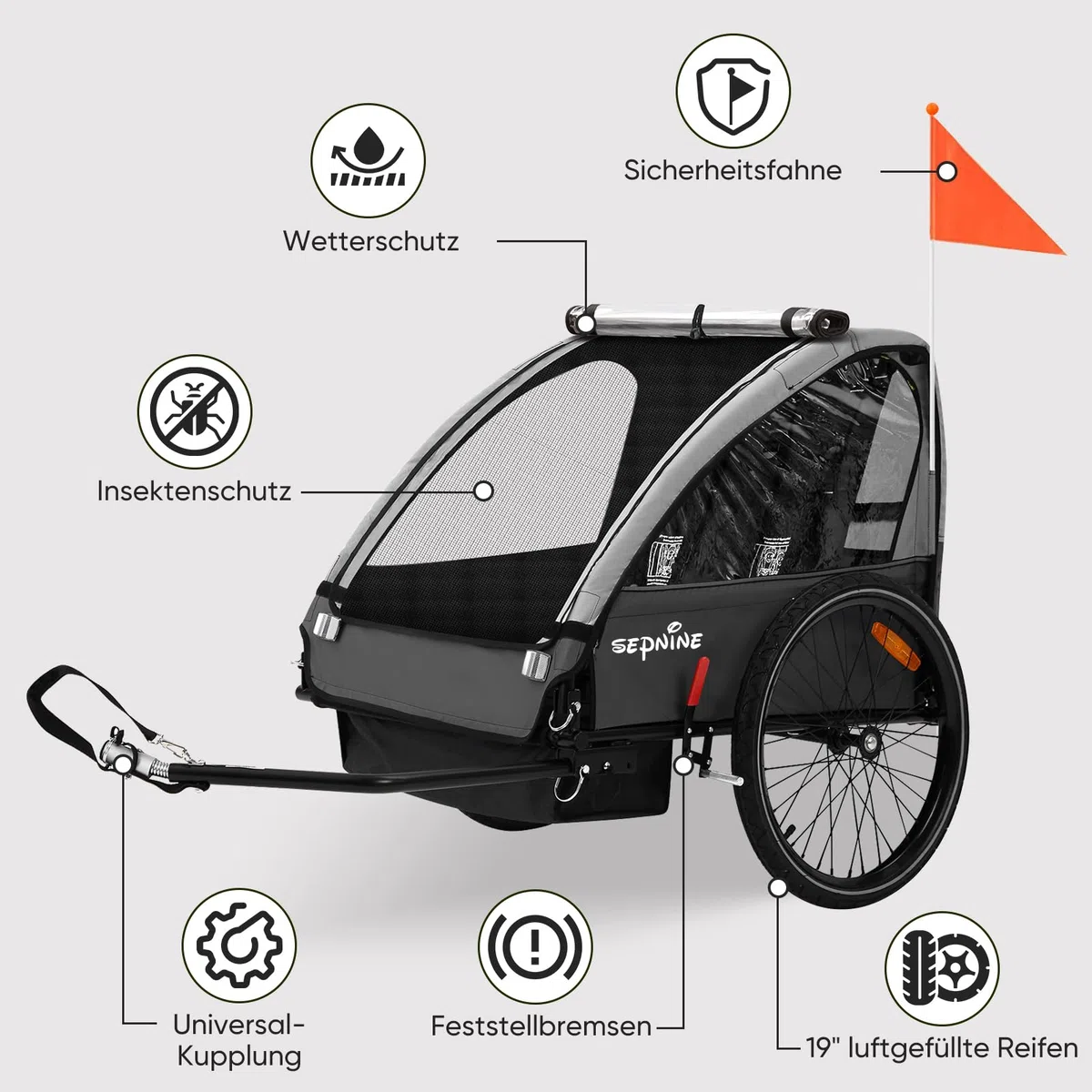 SEPNINE Kinderanhänger für Fahrrad, Fahrradanhänger für 1-2 Kinder, mit 5-Punkt-Sicherheitsgurt, Luftreifen, Handbremse, Faltbar, Max. 40 kg (Grau)