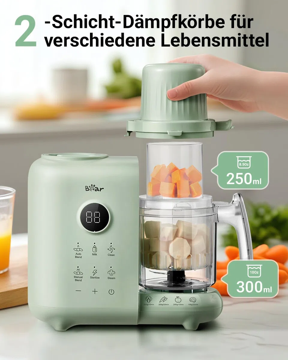 Bear 6-in-1 Dampfgarer mit Mixer Premium Babynahrungszubereiter,Dämpfen, automatisches Rühren, Milcherwärmung, Desinfektion, Selbstreinigungsfunktion, Automatische Reinigungsfunktion, BPA-frei (Grün)