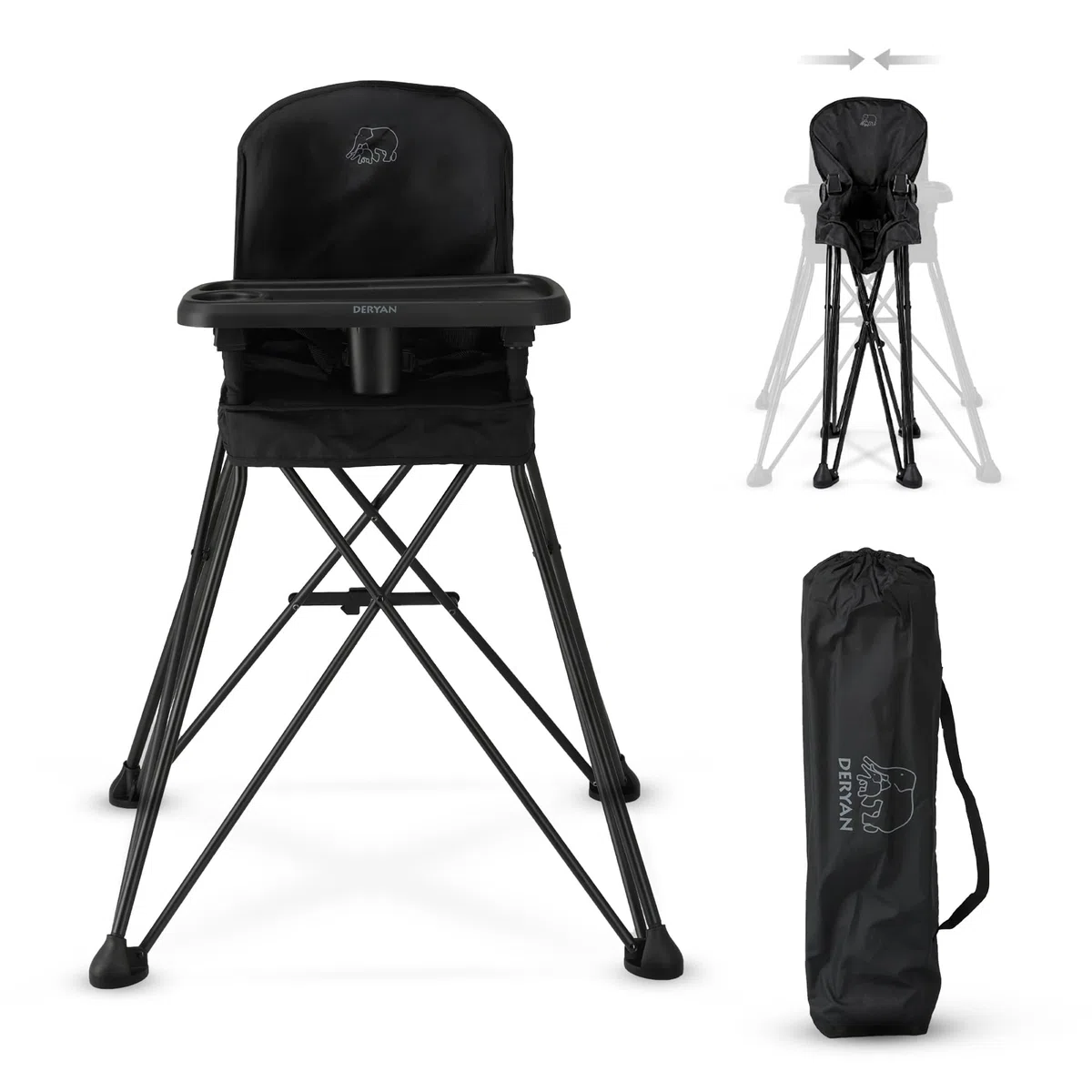 Deryan Pop 'N Sit Hochstuhl – Ausklappbarer Hochstuhl inklusive Reitsitz – mit Tablett – Schwarz