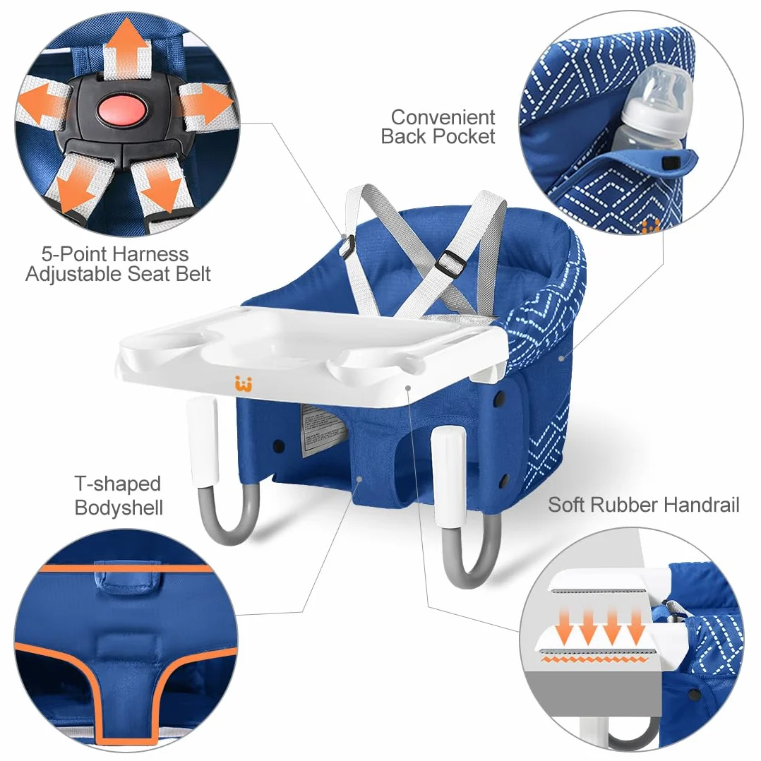 MTWML Tischsitz Baby mit Abnehmbarem Tablett, Tragbarer Hochstuhl zum Anklippen für Babys Kleinkinder, Faltbarer Reisehochstuhl mit 5-Punkt-Gurt, Tragetasche für Esstisch Unterwegs(Streifen-Blau)