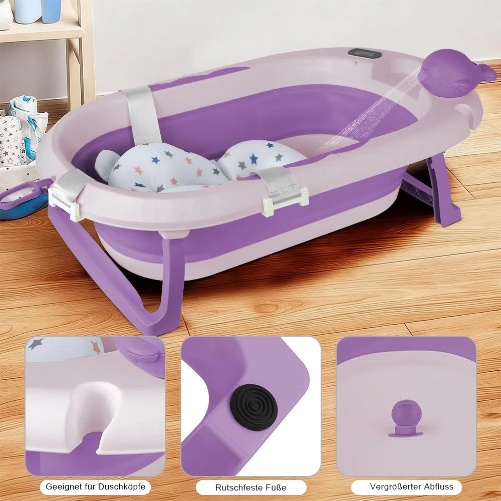 Babybadewanne mit Ständer, ergonomisches Babybad mit Ständer, Organizer für Eltern,Kinderbadewanne mit Badesitz, für Babys von 0-36 Monaten ((Stil 5) 81,5 x 48 x 21 cm – Violett)
