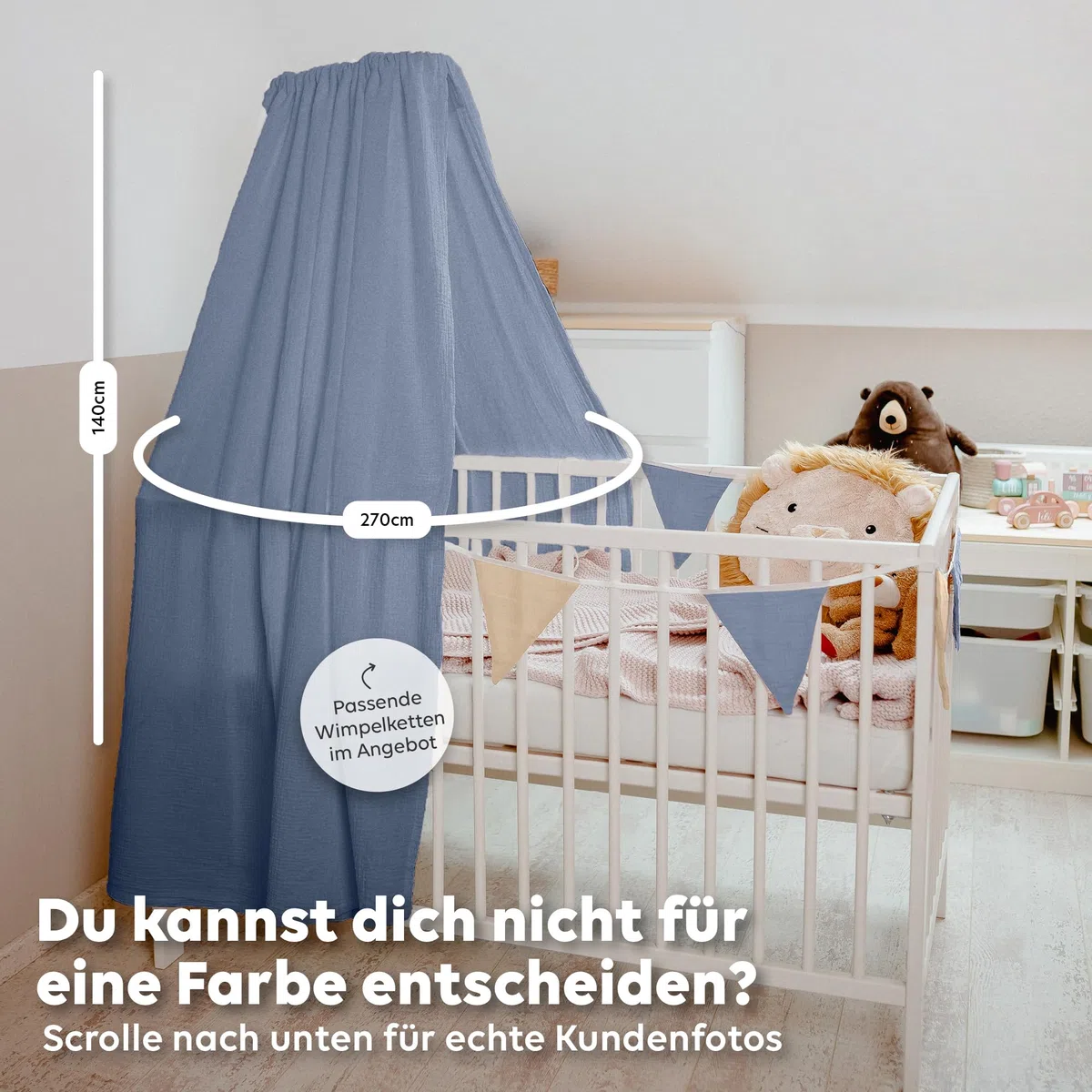 lilimaus Betthimmel Babybett in 12 Farben [inkl. Himmelstange] - Himmel Babybett aus 100% Baumwolle Musselin - Betthimmel Mädchen & Jungen - Himmelbett Vorhänge mit Stange - Kinder Babyzimmer Deko