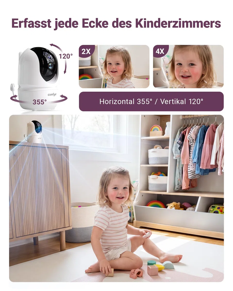 Comfyer BM01 Split-Screen Babyphone mit 2 Kameras, 7" HD 720P ohne WLAN mit Halterung, IR-Nachtsicht VOX-Modus mit Sound-Alarm 2-Wege-Audio 6000mAh 300M Reichweite Videoüberwachungsgerät