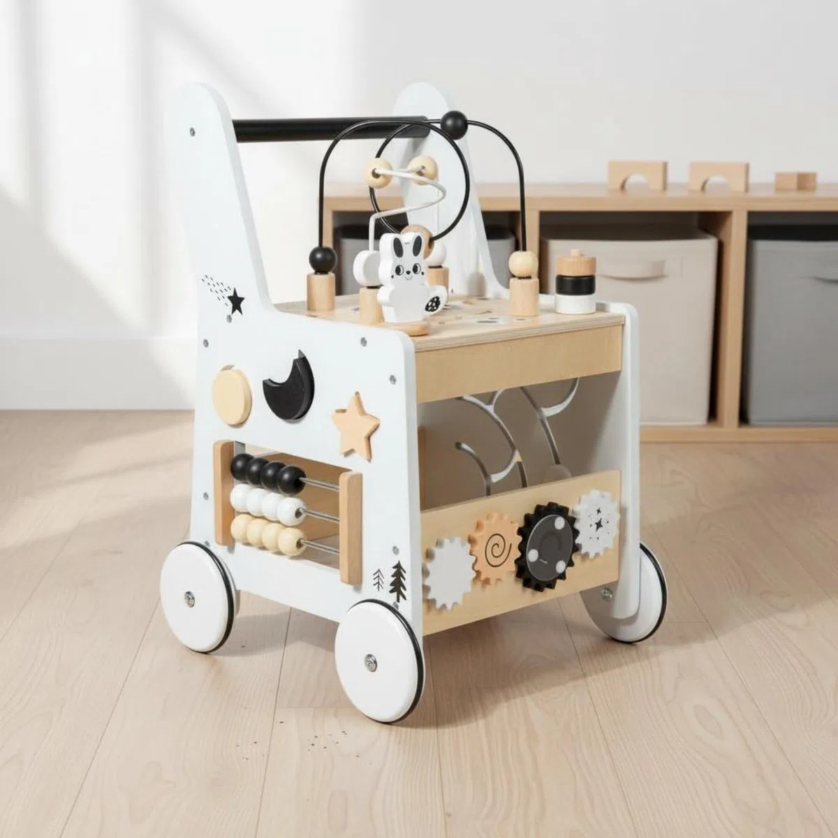 Lernwagen Kinder Lauflernwagen Aktivitätswagen Spielwagen Holz Lernspielzeug Motorikbrett mit Griff Stabile Räder Formensortierer Texturen Förderung