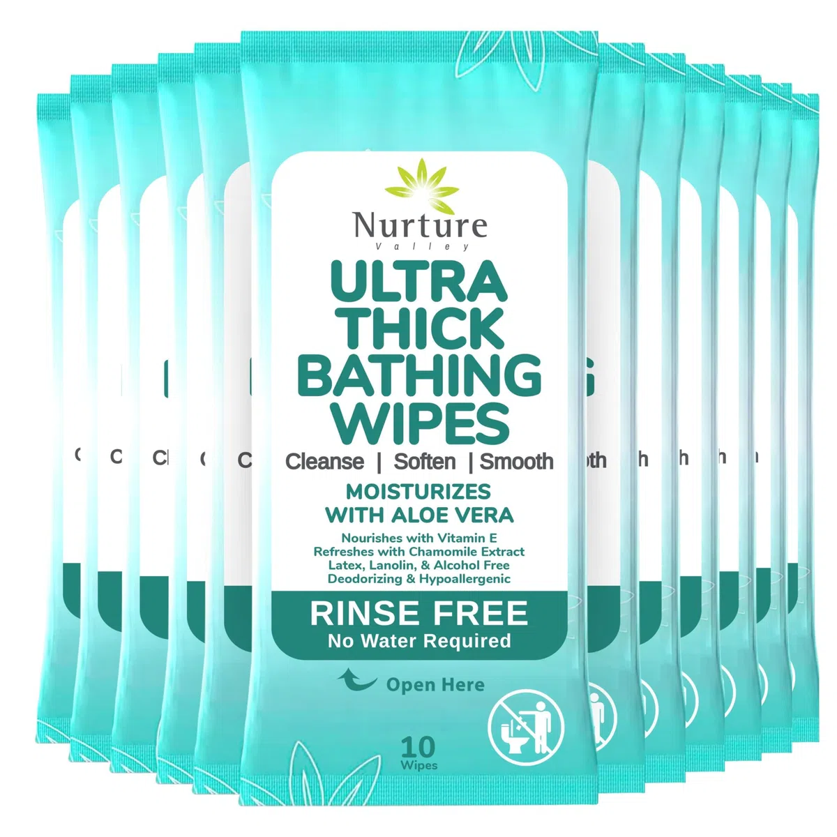 Nurture Valley Ultra dicke, spülfreie Badetücher ohne Dusche (12er Pack) | 120 extra große Schwamm-Badetuch-Tücher für Erwachsene - 12 Packungen mit 10