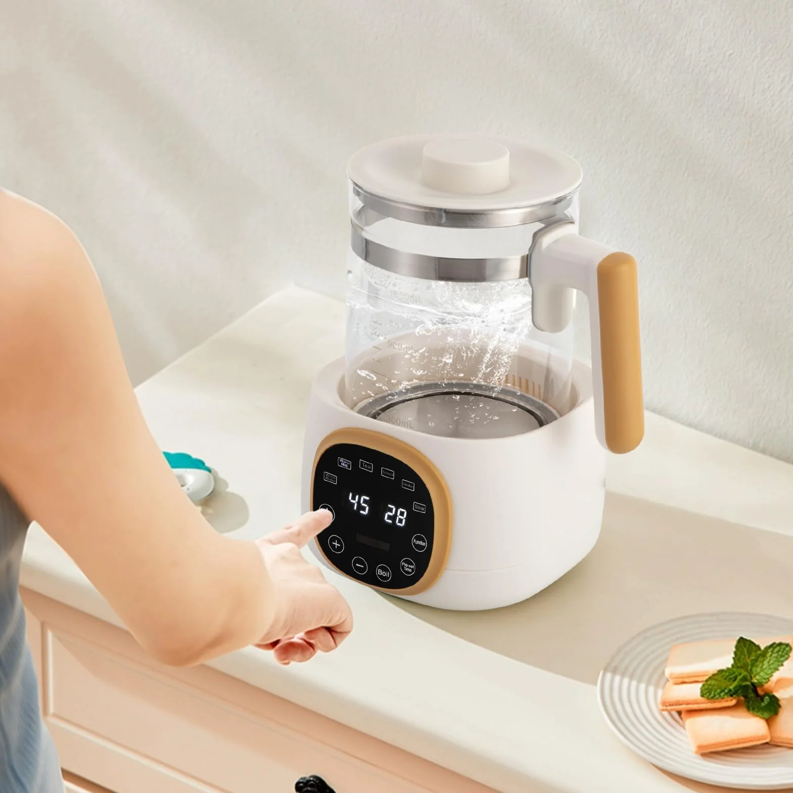 Wasserkocher mit Temperatureinstellung, Baby Flaschenwärmer mit LED-Digitalanzeigen 72h Warmhalten Babykostwärmer, 600W, 1.3L