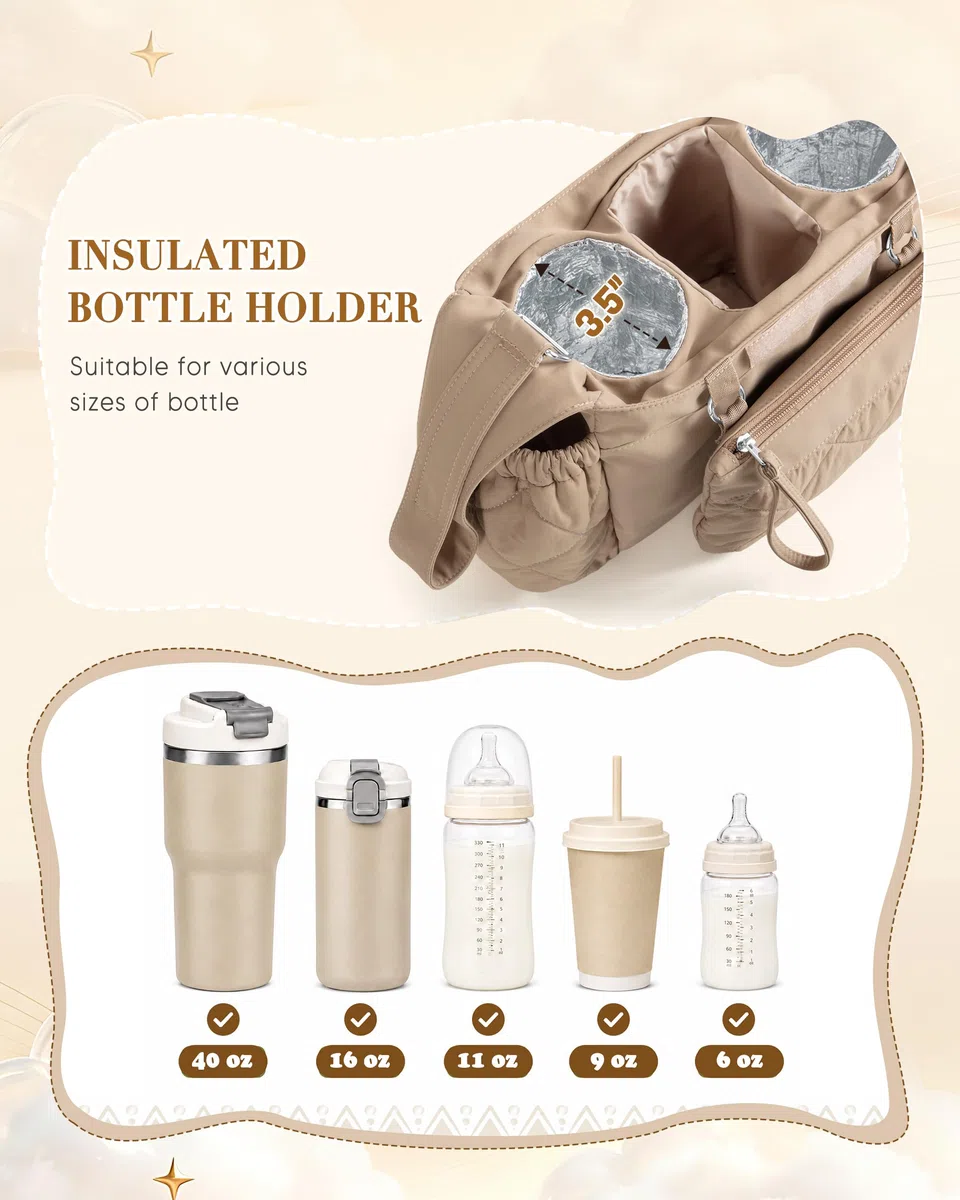 Marscamd Kinderwagen-Organizer mit doppelt isolierten Getränkehaltern, Camel | 3 Tragemöglichkeiten, mit abnehmbarer Handgelenktasche, Feuchttuchspender und großem Flaschenhalter, gestepptes Design