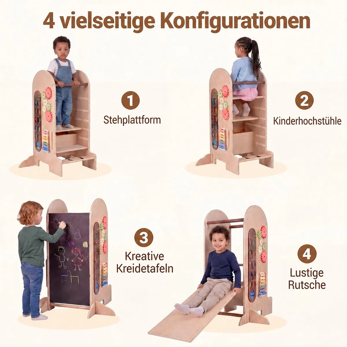 DREAMADE 4 in 1 Lernturm mit Rutsche, Trittleiter mit 3 verstellbaren Höhen | Tritthocker Montessori mit Abnehmbarer Tafel & Spielbrett, Learning Tower aus Buchenholz, Trittschemel für Kinder ab 3 Jahr