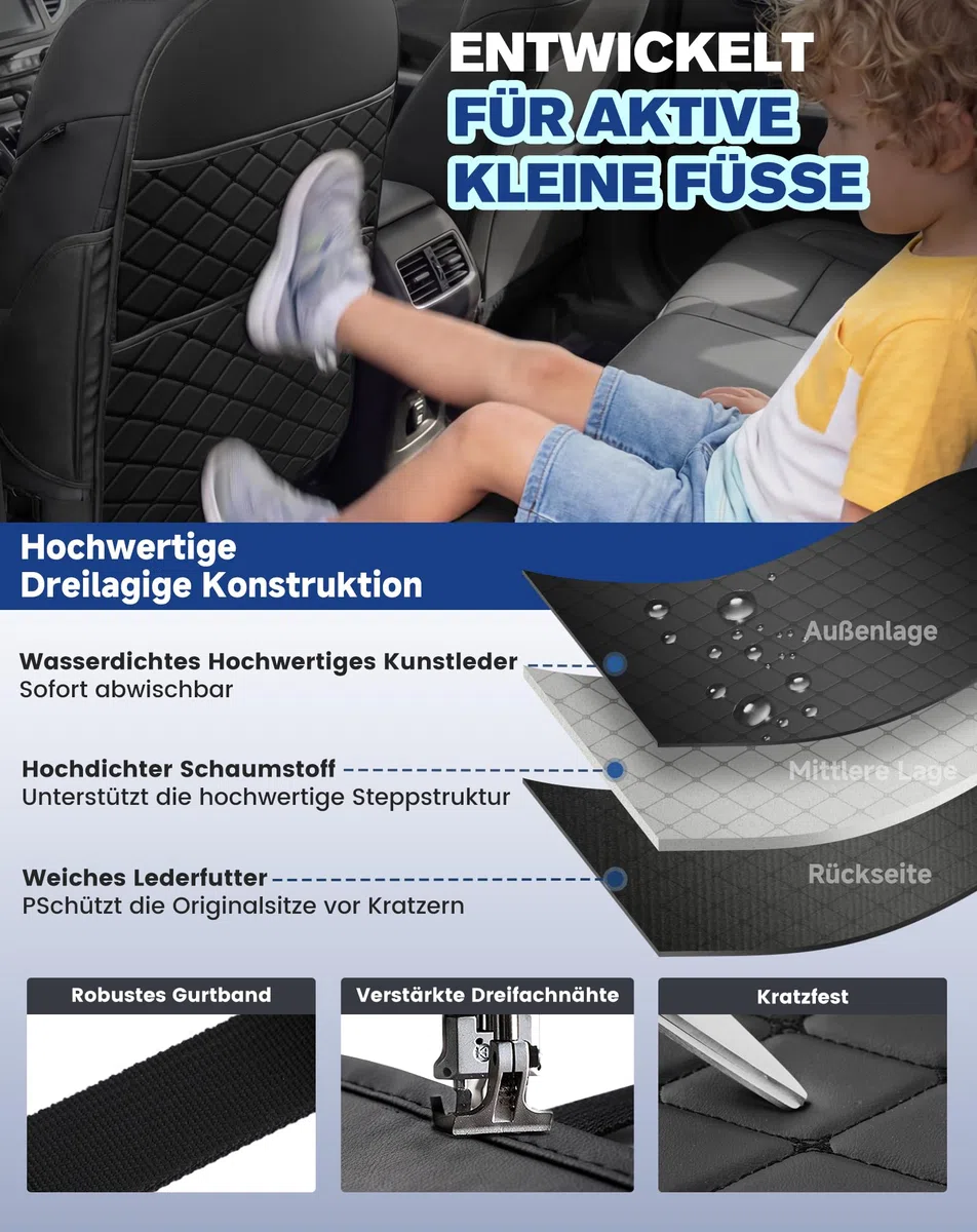 Autositzschutz für Kinder Rückenlehne mit Aufbewahrungstasche, Sitzschoner gegen Flecken, 2er-Pack Schwarz