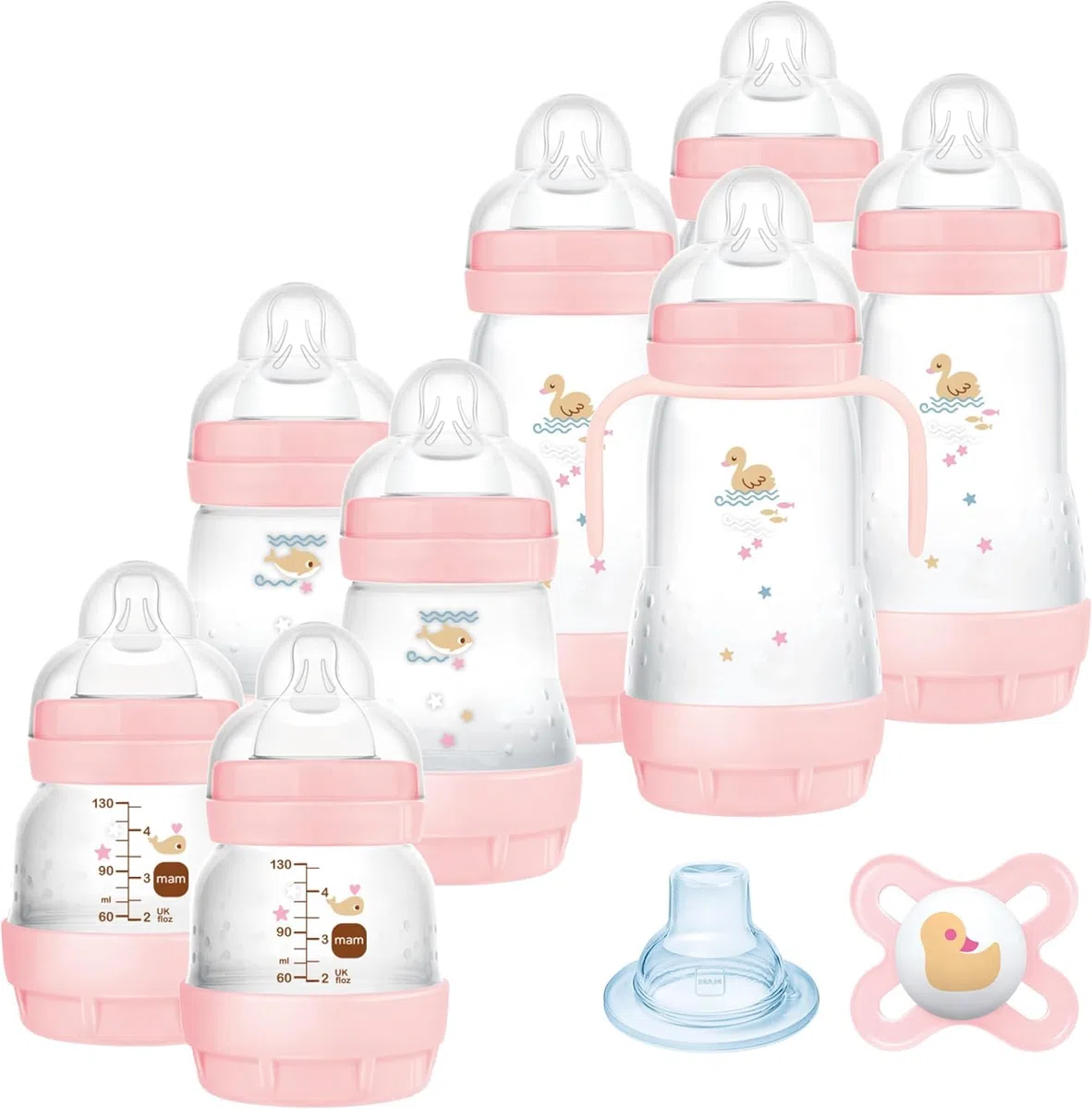 MAM Babyflaschen-Set mit 8 Anti-Kolik-Flaschen, 1 Original Starterschnuller, 1 extra weichem Schnabel und 1 Griff, Babyzubehör zur Verringerung von Luftblasen und Kolikenrisiko, Rosa