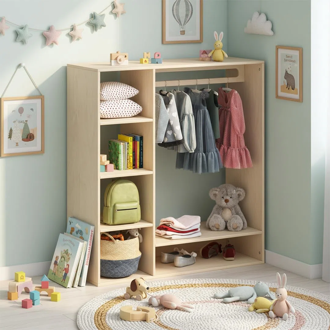 Bellabino Tea Kindergarderobe – Kleiderständer mit 6 Ablageflächen & 1 Kleiderstange in Natur – Montessori Kleiderschrank aus Birkenholz unbehandelt – Garderobe für Kinder – Kinderregal 114x40x105 cm