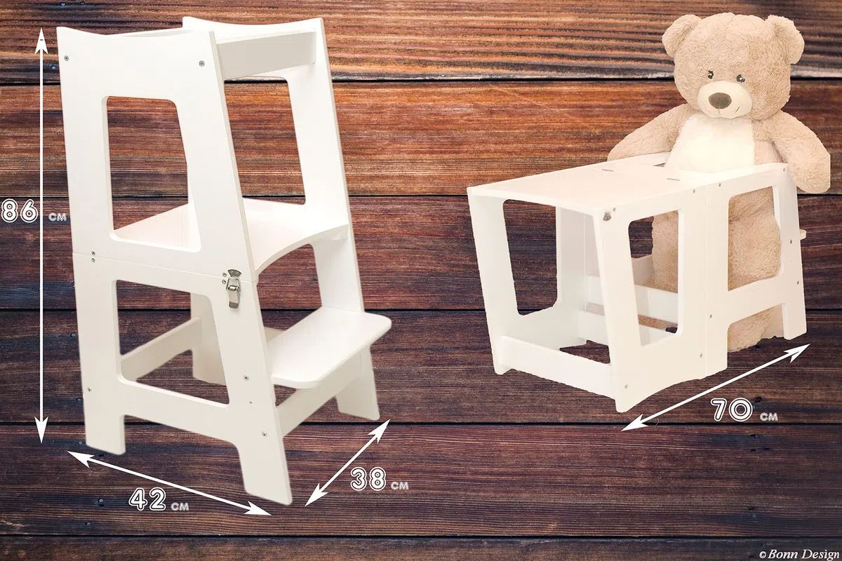 2 in 1 Montessori Lernturm für Kinder klappbar höhenverstellbar Stuhl + Tisch aus Holz Multifunktion Tritthocker Hocker für Jungen & Mädchen Helferturm Lernstuhl Küchenhelfer Weiß Learning Tower