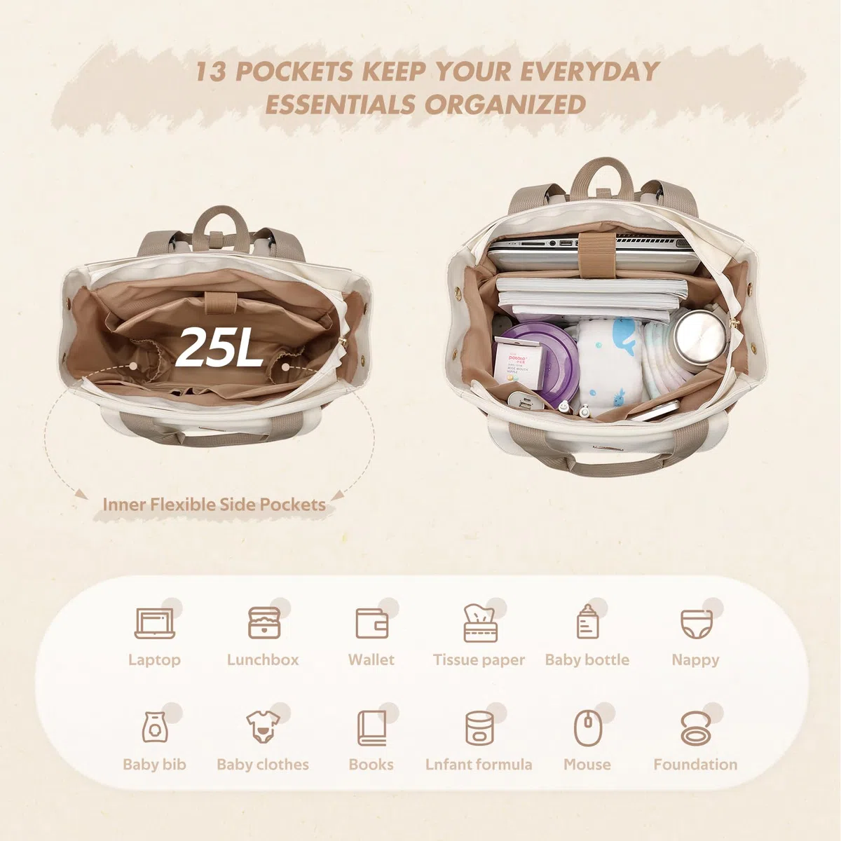 GOLF SUPAGS 25L Baby Wickelrucksack mit Tragbarer Wickelauflage und Kinderwagengurte, Lsoliertes Lunch Rucksack, Diaper Bag Babytasche Multifunktional für Mama und Papa (Champagnerfarben & Weiß)
