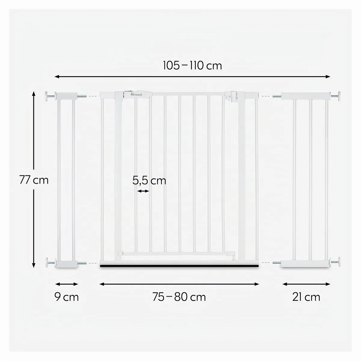 hauck Open N Stop 2 + 1x9 cm +1x21cm Verlängerung, Weiß - Kinderschutzgitter Hundegitter, Verstellbare Breite 105-110 cm, 77 cm Hoch, Einhand Öffnung, ohne Bohren, für Innen
