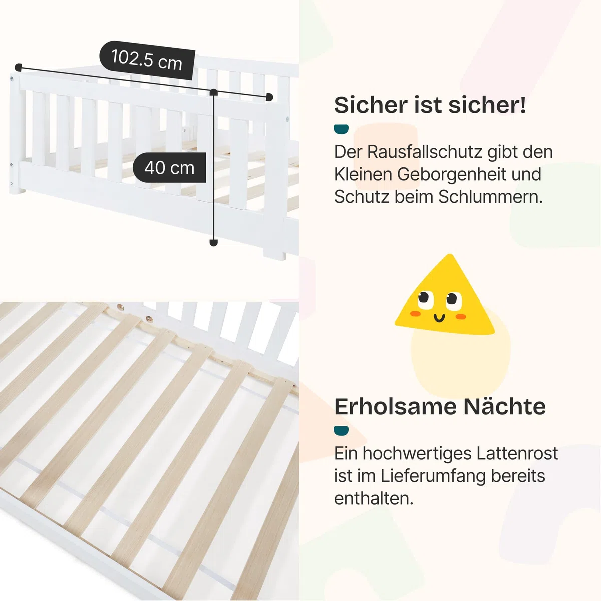 [en.casa] Kinderbett Tanna Bodenbett 90 x 200 cm Holzbett für Kinder mit Rausfallschutz Montessori Bettgestell mit Lattenrost Kiefernholz Weiß