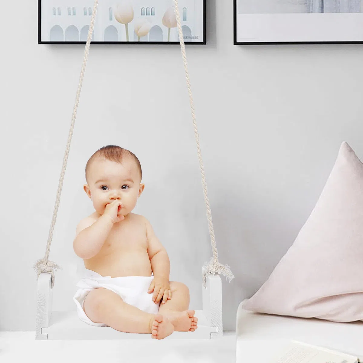 Holz Babyschaukel Fotorequisite für Neugeborenenfotografie aus Weißem Holz mit Hanfseil Vielseitig Einsetzbar im Professionellen Fotostudio für Neugeborene und Babys
