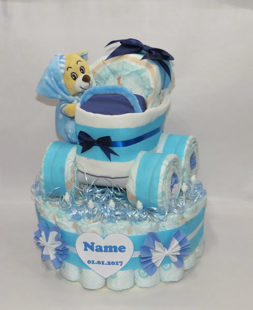 Windeltorte | Windeltorte mit Windelkinderwagen mit Schlafbär (babyblau) | Windelgeschenk Junge