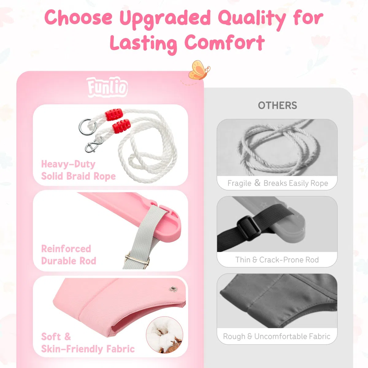 FUNLIO Baby Jumper mit Deckenhaken für 6–24 Monate, Türhopser für Babys für drinnen und draußen, Baby Jumper mit verstellbarer Kette, leicht zu montieren und zu verstauen – Rosa Schmetterling