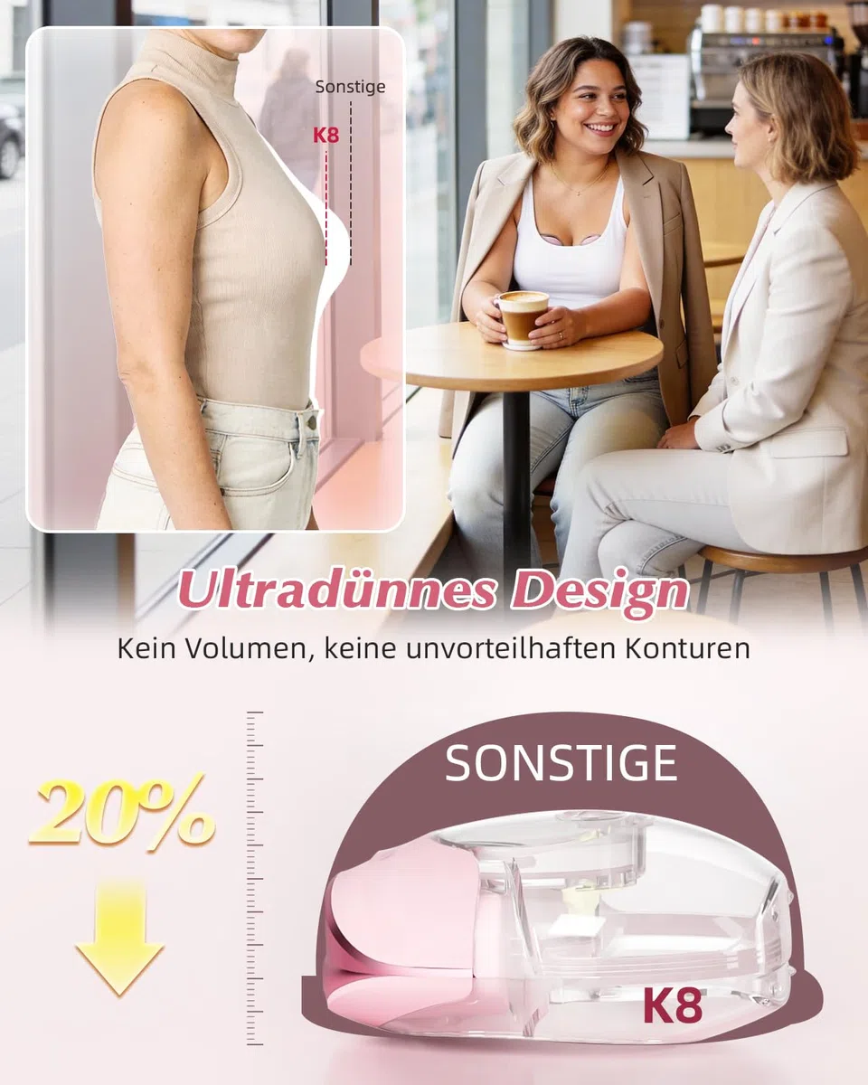 KISSBOBO Milchpumpe Elektrisch freihändig, tragbar, 3 Modi 8 Stufen | 50mm ultra dünn, leise und tragbar für diskretes Abpumpen zu Hause oder unterwegs(Beige 2Stück)