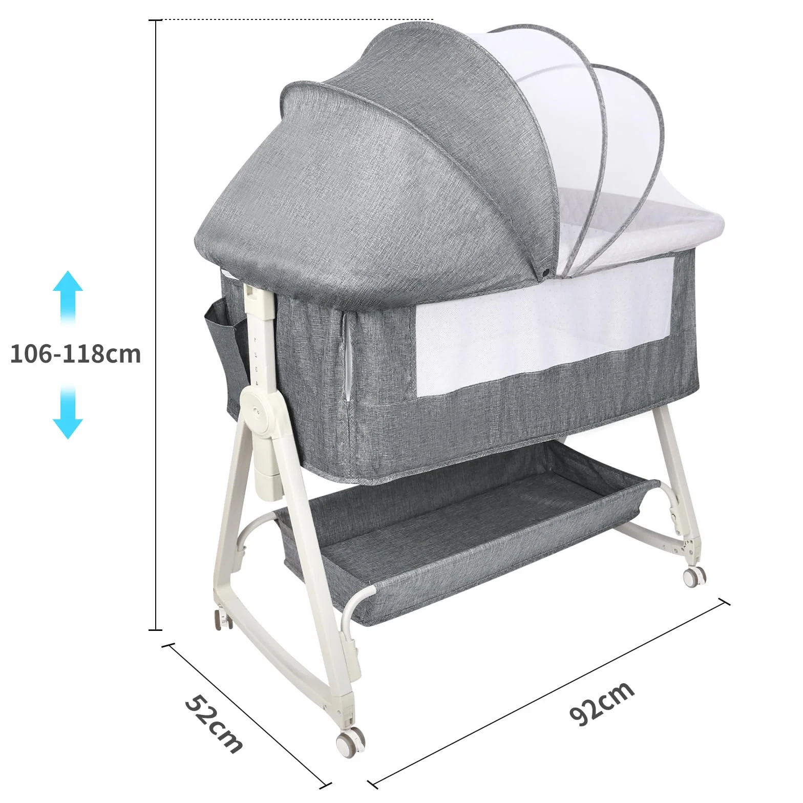 OHMG 3 in 1 Babybett bis 9 kg,Beistellbett,Wiege,Höhenverstellug und Einstellung der Neigung der Matratze,4 Räder mit Bremse Ergonomische Matratze Tasche (95x50x98-110cm(grau))