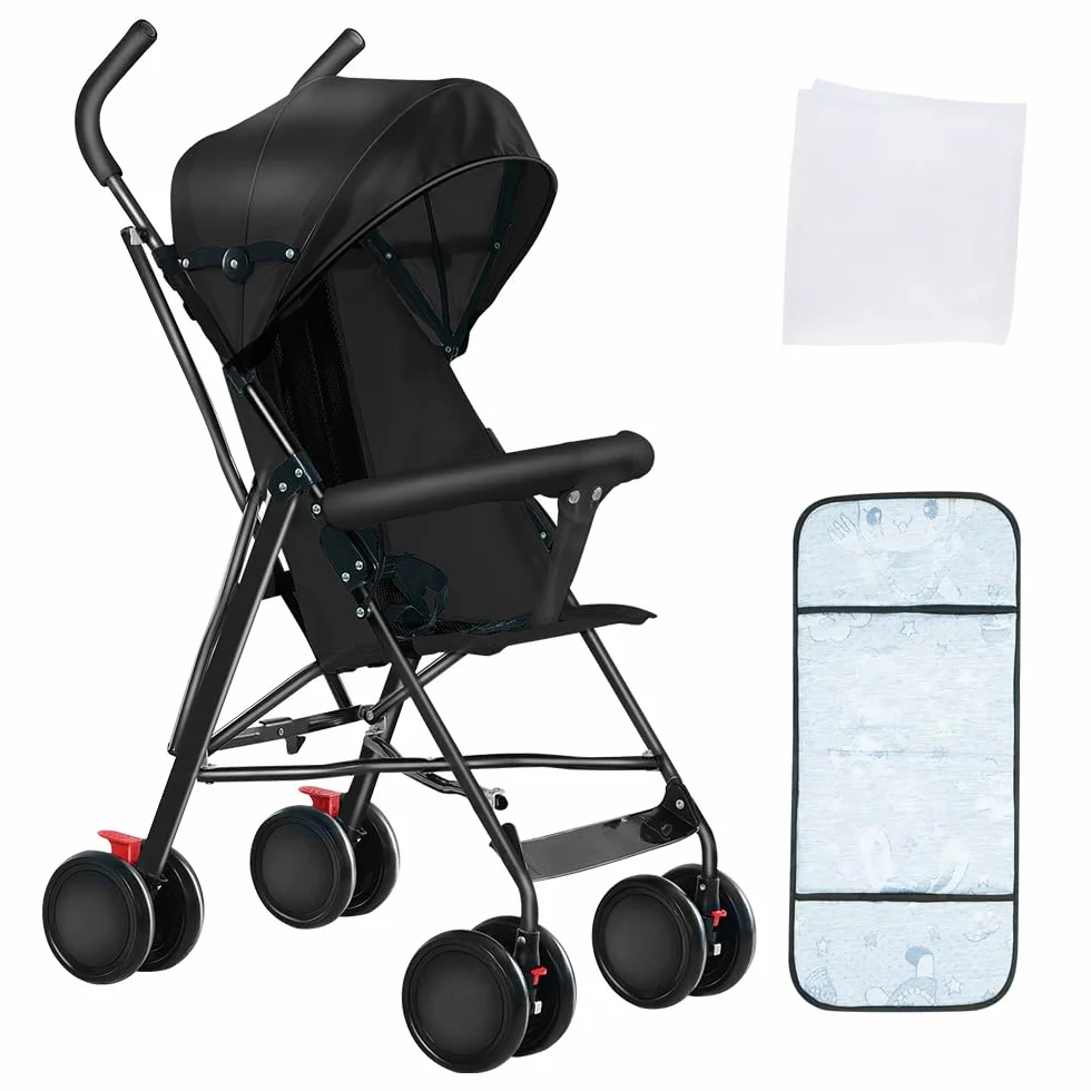 OHMG Kompakter Buggy,Baby Sportwagen,Kinderwagen,ab Geburt bis 4 Jahre Bis zu 25 kg,Leichtes Kinderwagen-Buggy,faltbar und kompakt,mit Baumwollmatte + Moskitonetz (D-Schwarz)