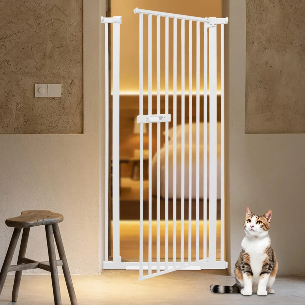 Treppenschutzgitter Ohne Bohren, Absperrgitter Kohlenstoffstahl Hundegitter/Katzengitter Verstellbare Breite Türgitter, Automatische Türschließung Schutzgitter Treppengitter (Weiß, höhe 150cm)