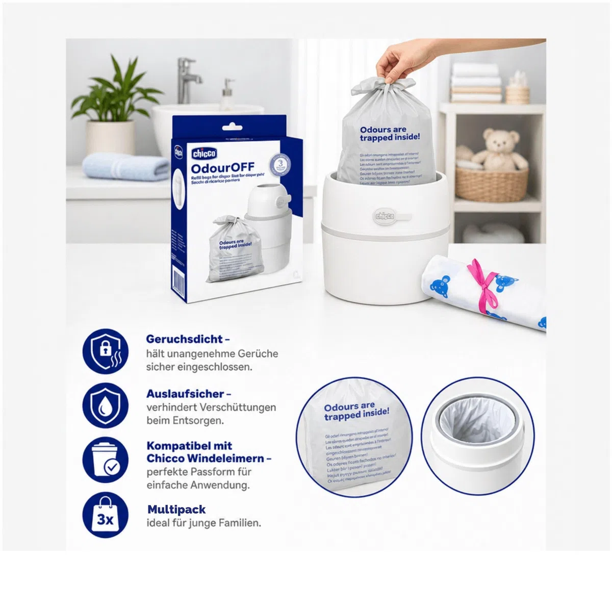 Chicco Windeleimer Nachfüllpack & Windel Blaubaer | geruchsdichte & auslaufsichere Beutel | Für saubere und geruchsfreie Wickelbereiche | Nachfüllkassette, Nachfüllfolie für Windeleimer