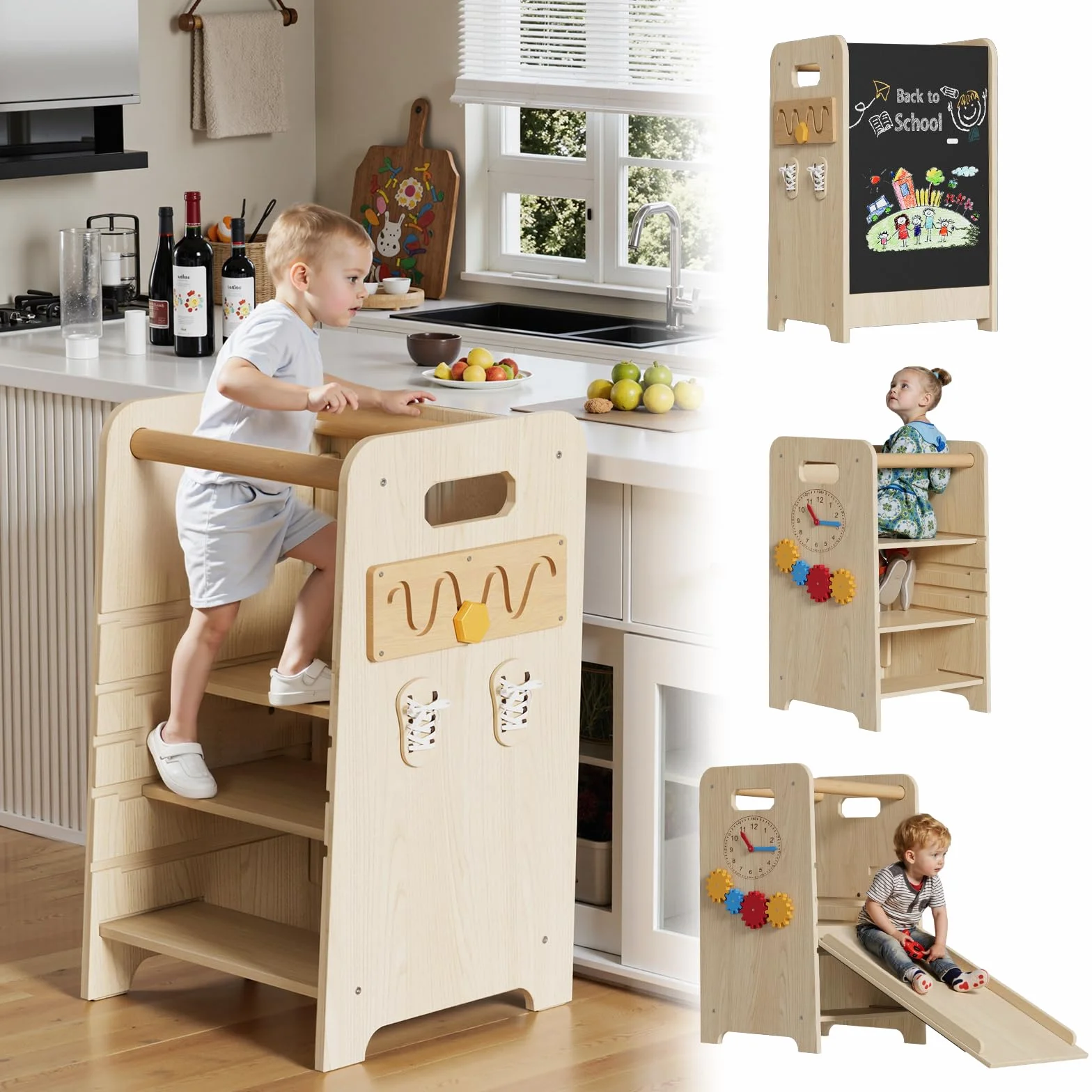 Montessori Lernturm ab 1 Jahr 4-in-1 Trittleiter Holz mit Tafel & Schiebeleiter 4-Fach Höhenverstellbarer Learning Tower Küchenhelfer Tritthocker Kinder Kippsicher Montessori-Lernstuhl für Küche & Bad