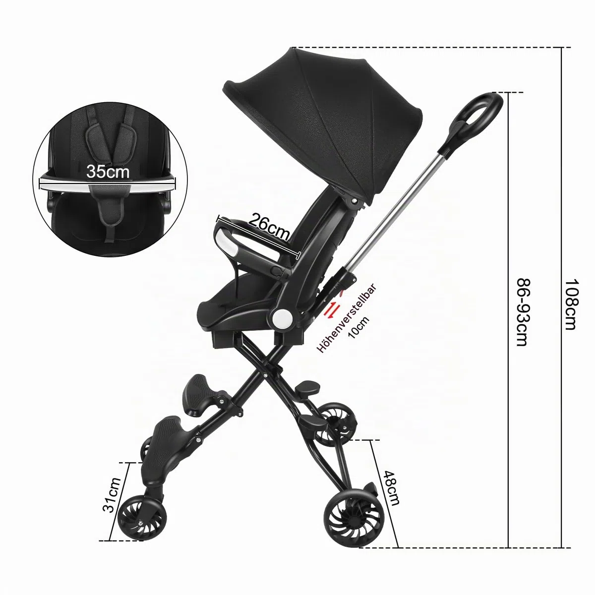 Kinderwagen, 0 – 4 Jahre, 0 – 25 kg, Kinderwagen, leicht und kompakt, verlängerte Position, automatisches Zusammenklappen, 30 x 55 x 86,5 cm – Schwarz