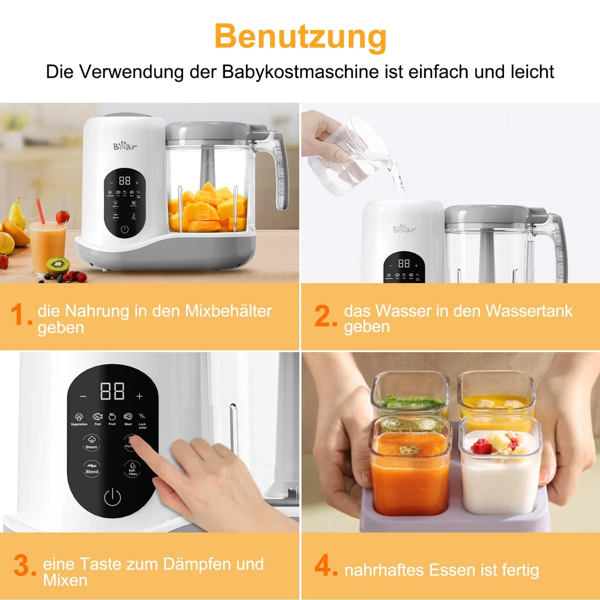 Bear Babynahrungszubereiter,Eine Stufe Baby Food Maker Dampfgarer Mixen,Automatisches Kochen & Zerkleinern,Babybrei Zubereiter mit Selbstreinigungsfunktion,Weiß